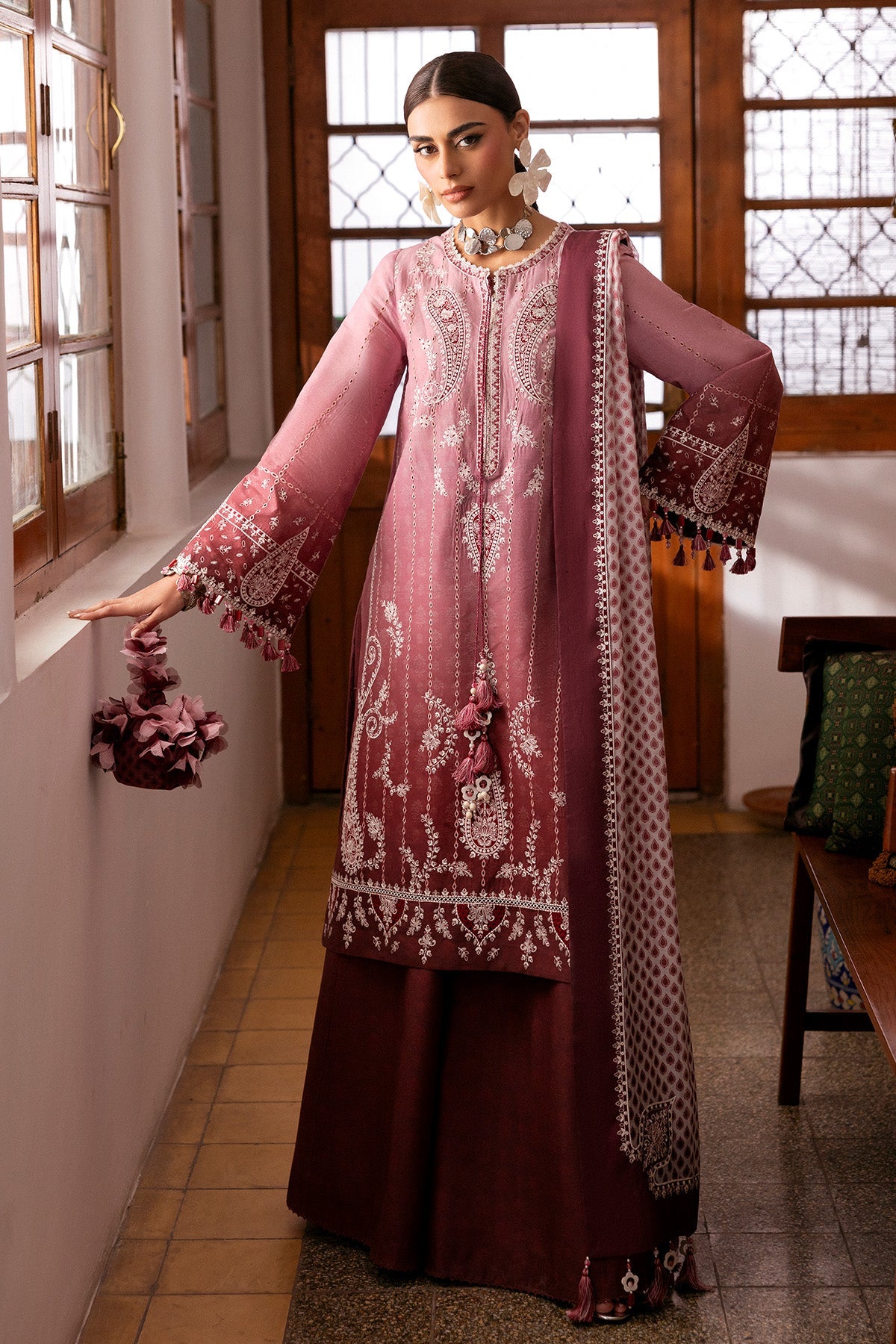 Women Wearing Embroidered Luxury Lawn SL26-D08 Pink Brown Long Shirt for Festive Events - Pakistani Designer Wear for Women in UK | Kifat