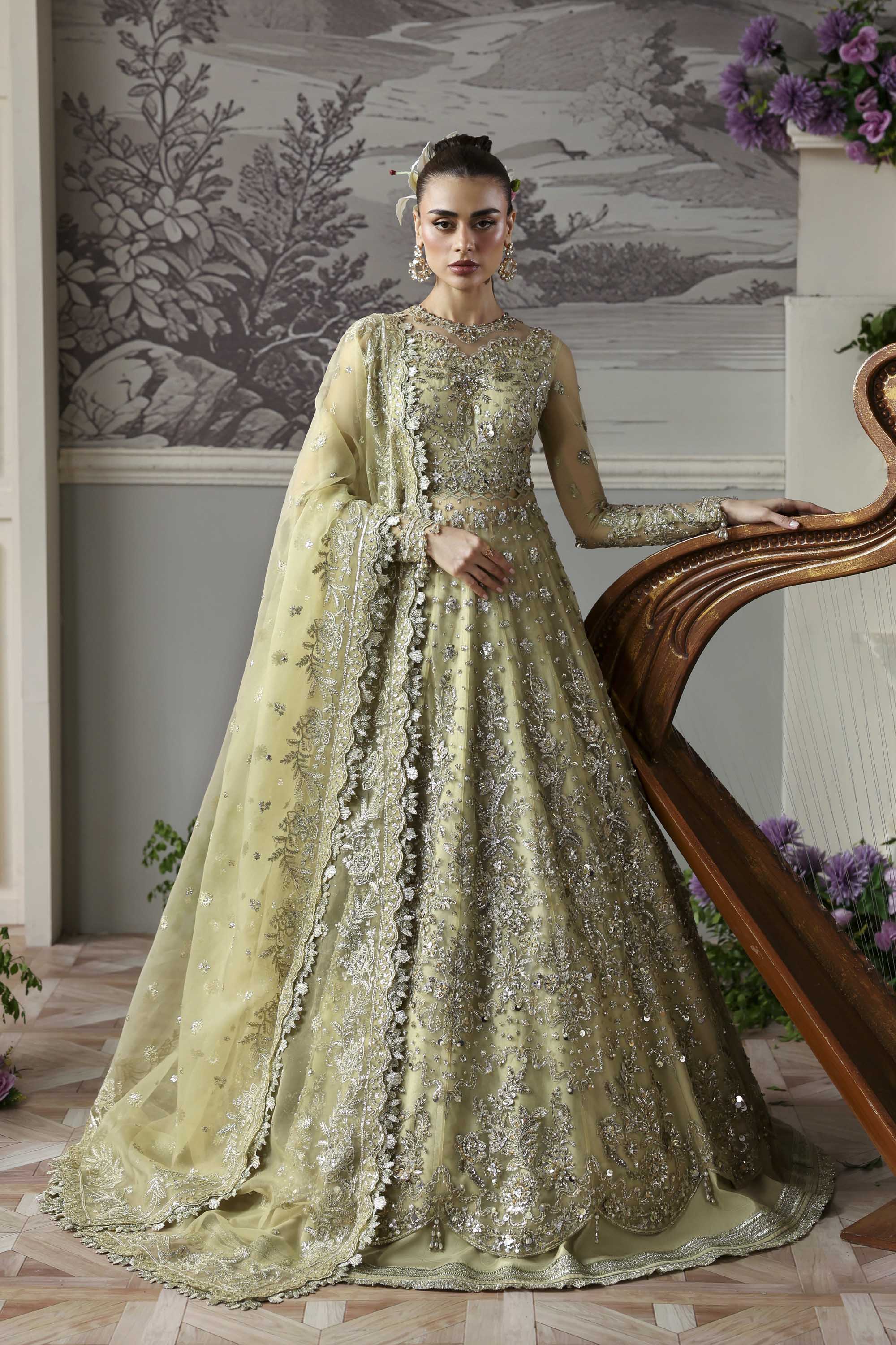 Women Wearing Mintara Yellow Silver Peshwas For Formals Events - Pakistani Designer Wear For Women In UK | Kifat