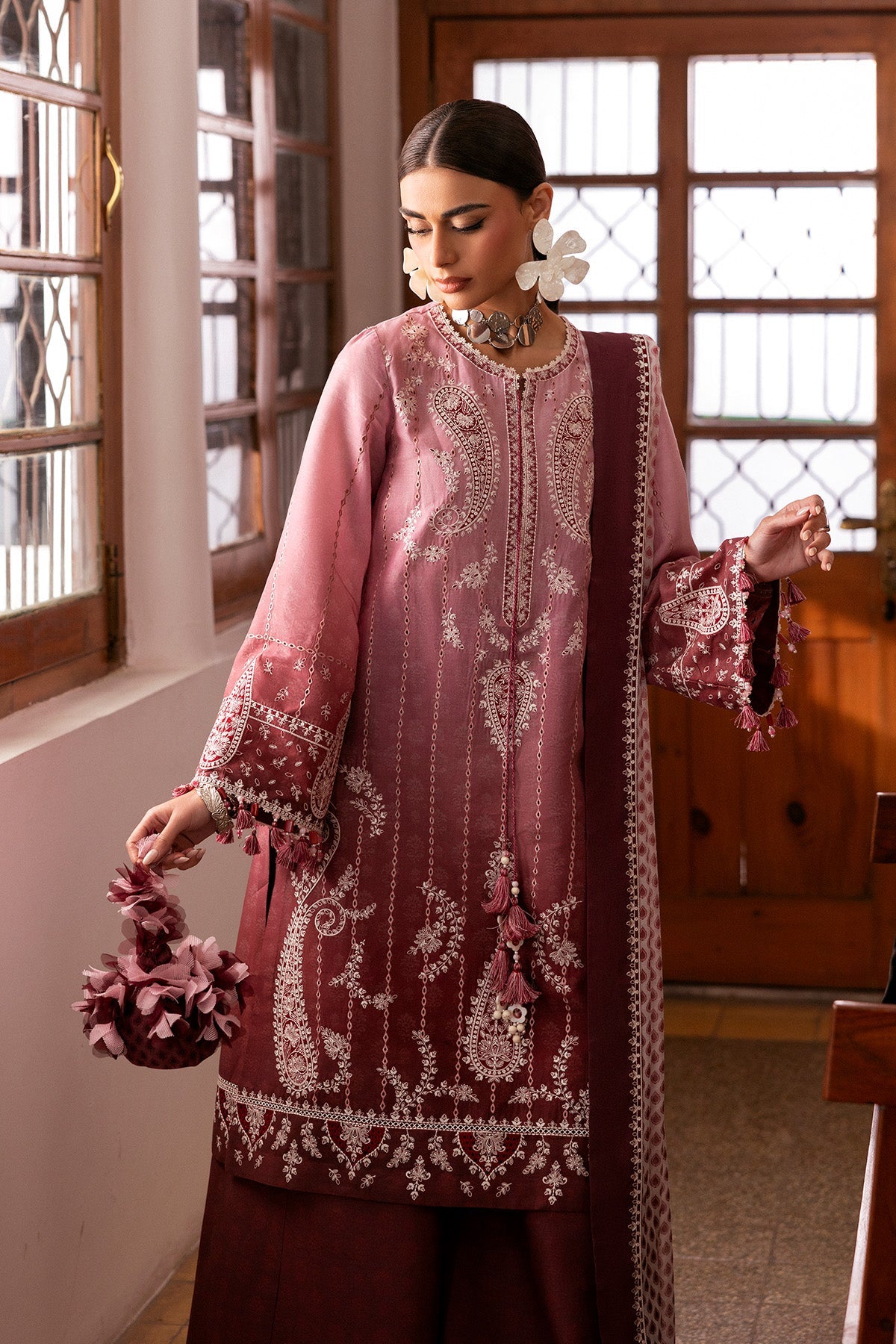 Women Wearing Embroidered Luxury Lawn SL26-D08 Pink Brown Long Shirt for Festive Events - Pakistani Designer Wear for Women in UK | Kifat