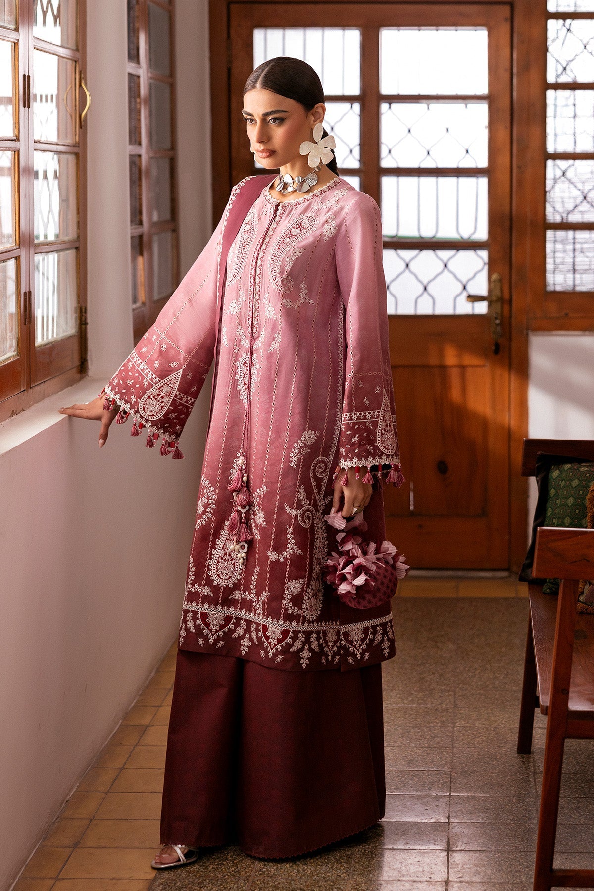 Women Wearing Embroidered Luxury Lawn SL26-D08 Pink Brown Long Shirt for Festive Events - Pakistani Designer Wear for Women in UK | Kifat