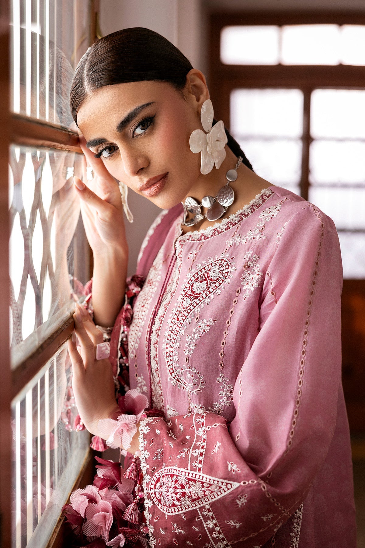 Women Wearing Embroidered Luxury Lawn SL26-D08 Pink Brown Long Shirt for Festive Events - Pakistani Designer Wear for Women in UK | Kifat