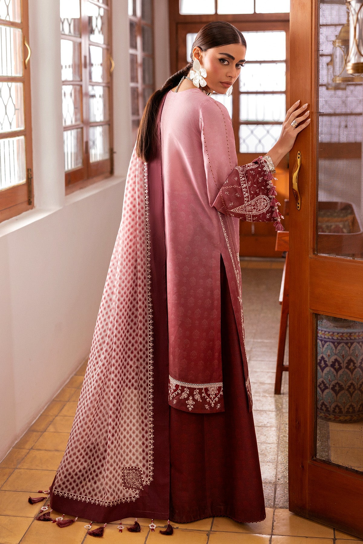 Women Wearing Embroidered Luxury Lawn SL26-D08 Pink Brown Long Shirt for Festive Events - Pakistani Designer Wear for Women in UK | Kifat