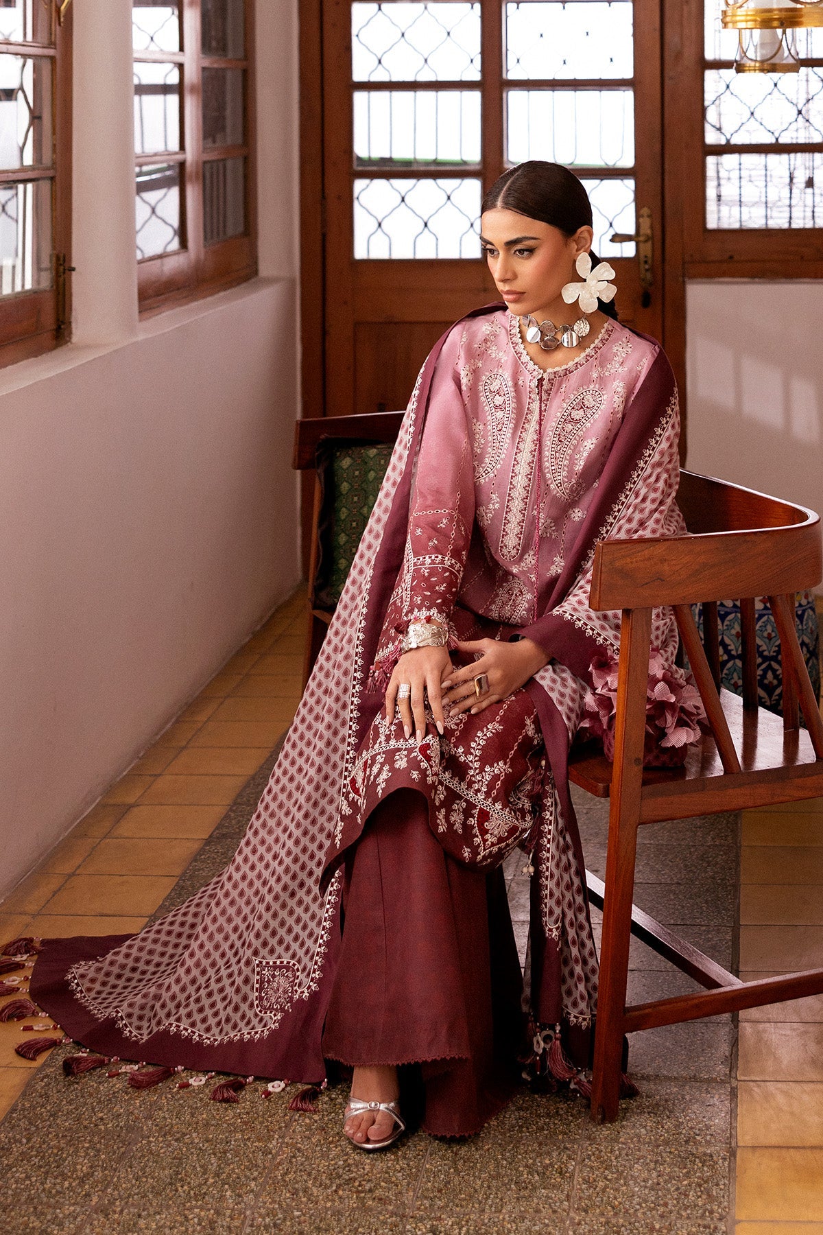 Women Wearing Embroidered Luxury Lawn SL26-D08 Pink Brown Long Shirt for Festive Events - Pakistani Designer Wear for Women in UK | Kifat