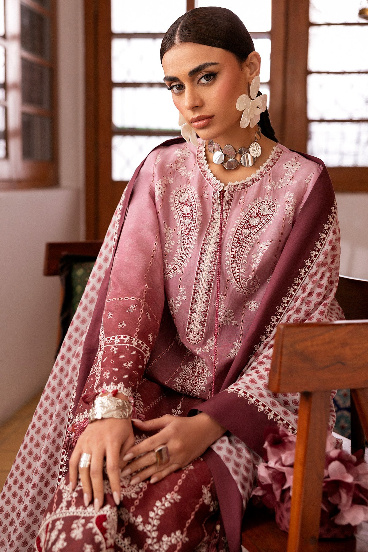 Women Wearing Embroidered Luxury Lawn SL26-D08 Pink Brown Long Shirt for Festive Events - Pakistani Designer Wear for Women in UK | Kifat