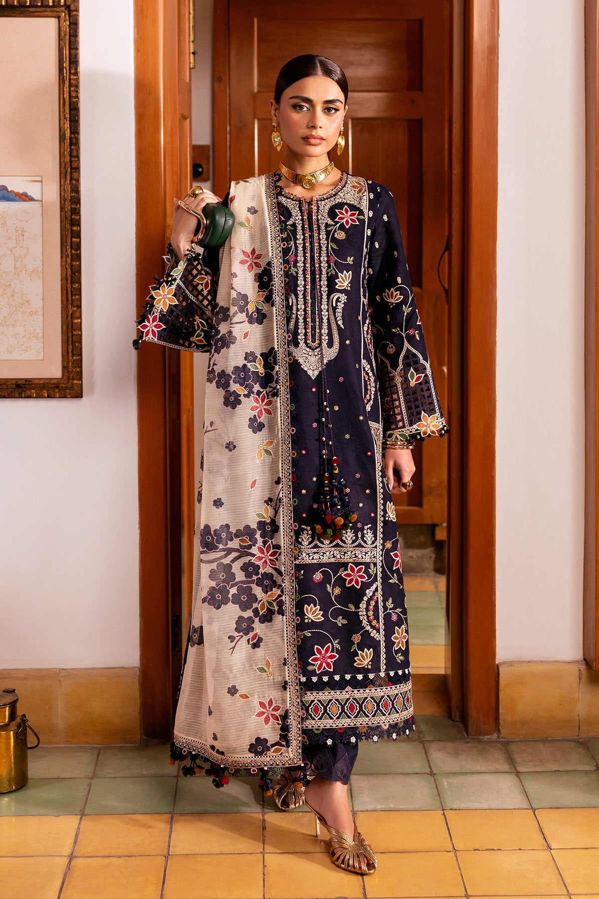 Women Wearing Embroidered Luxury Lawn SL26-D07 Blue Long Shirt for Festive Events - Pakistani Designer Wear for Women in UK | Kifat