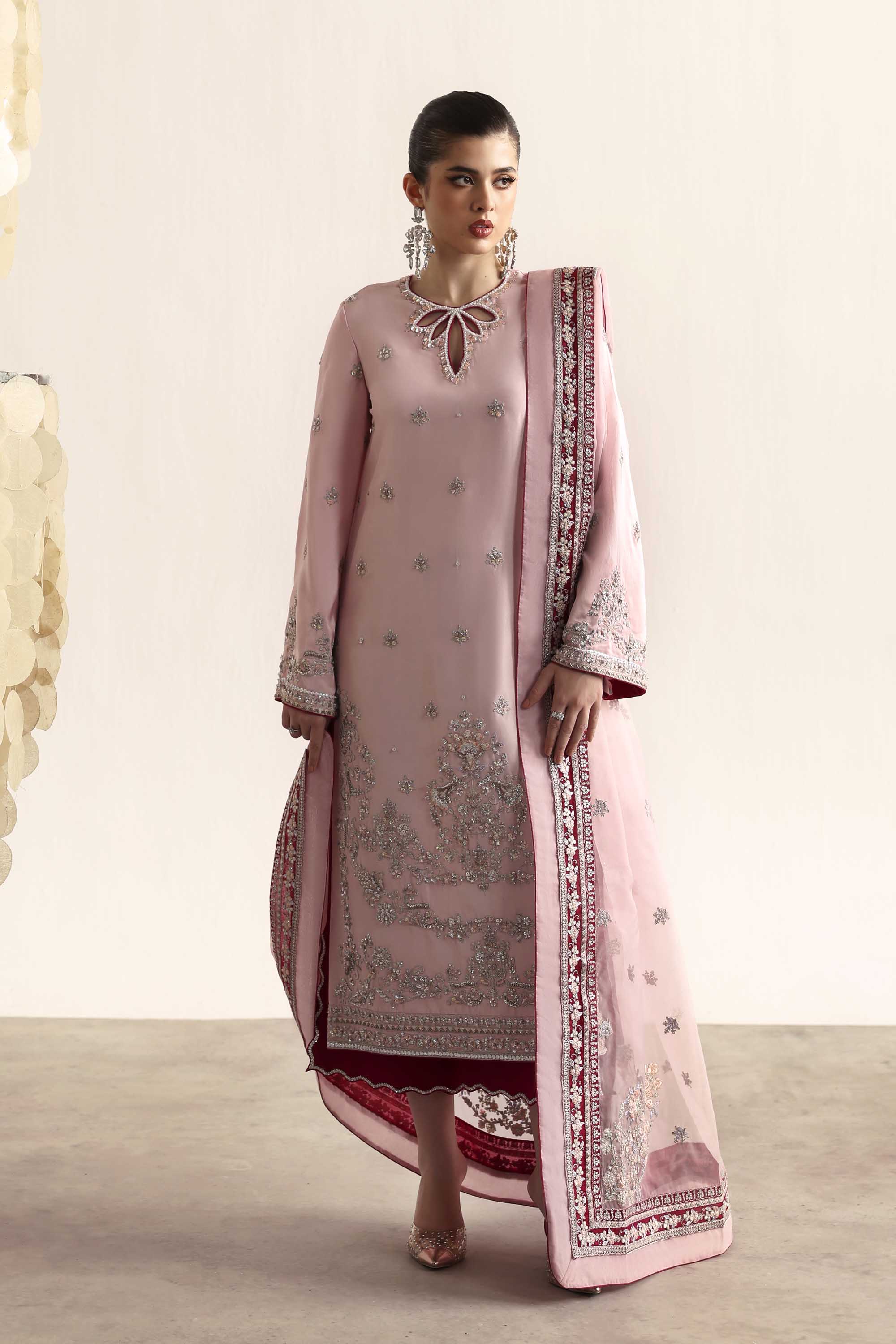 Women Wearing Cascade Pink Peshwas For Luxury Formals Events - Pakistani Designer Wear For Women In UK | Kifat