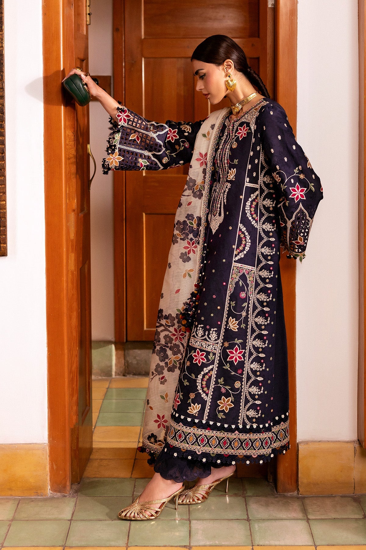 Women Wearing Embroidered Luxury Lawn SL26-D07 Blue Long Shirt for Festive Events - Pakistani Designer Wear for Women in UK | Kifat