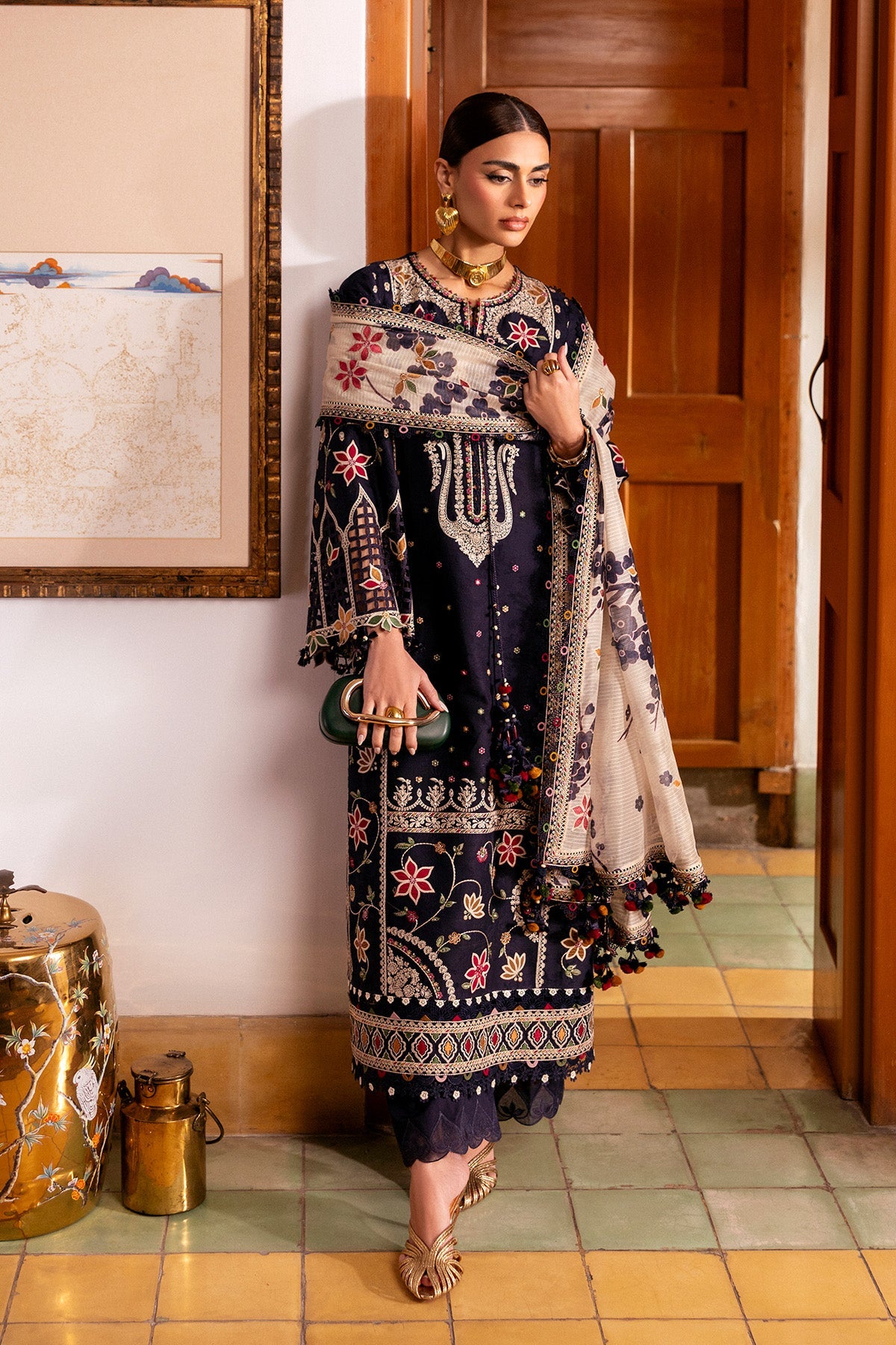 Women Wearing Embroidered Luxury Lawn SL26-D07 Blue Long Shirt for Festive Events - Pakistani Designer Wear for Women in UK | Kifat