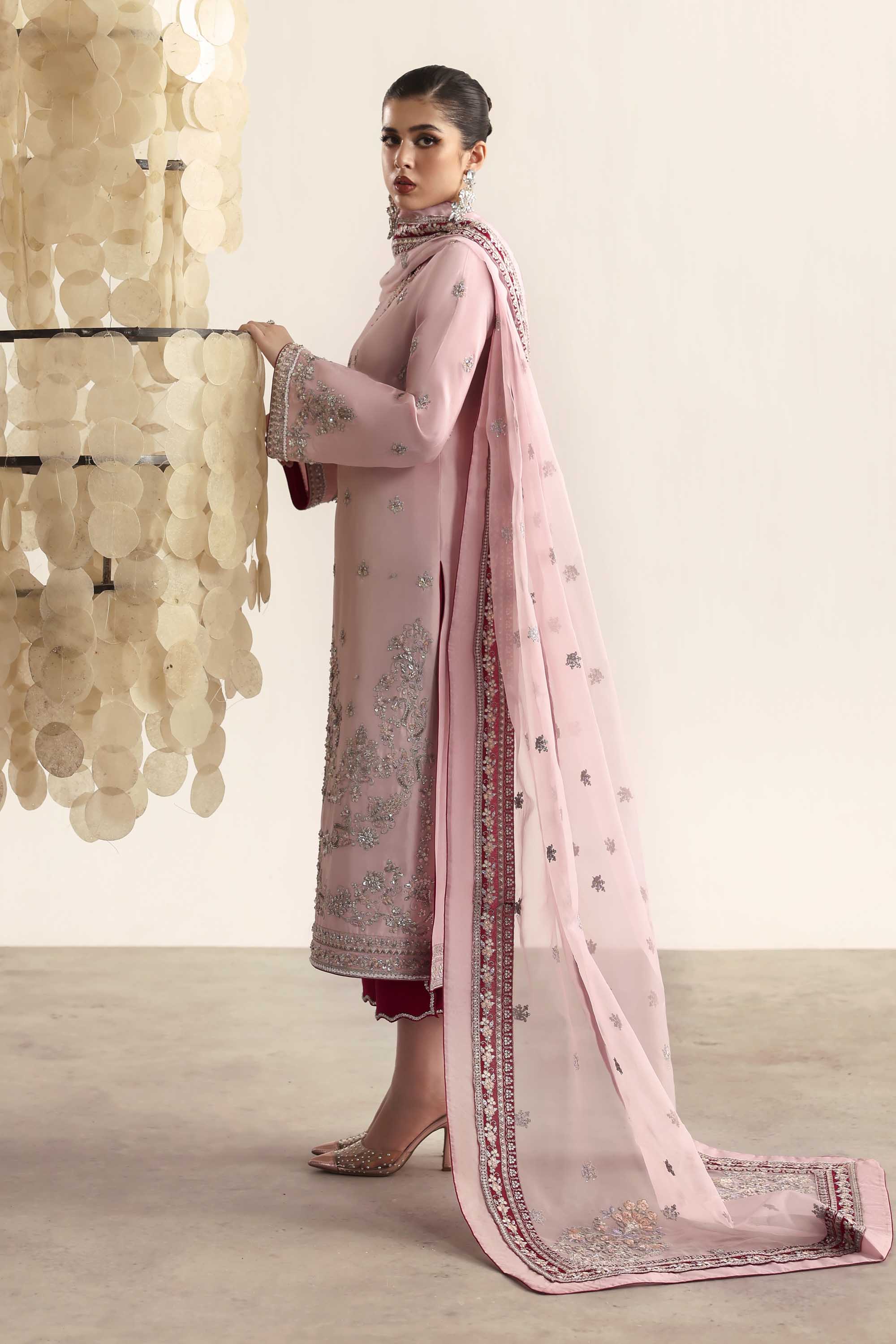 Women Wearing Cascade Pink Peshwas For Luxury Formals Events - Pakistani Designer Wear For Women In UK | Kifat