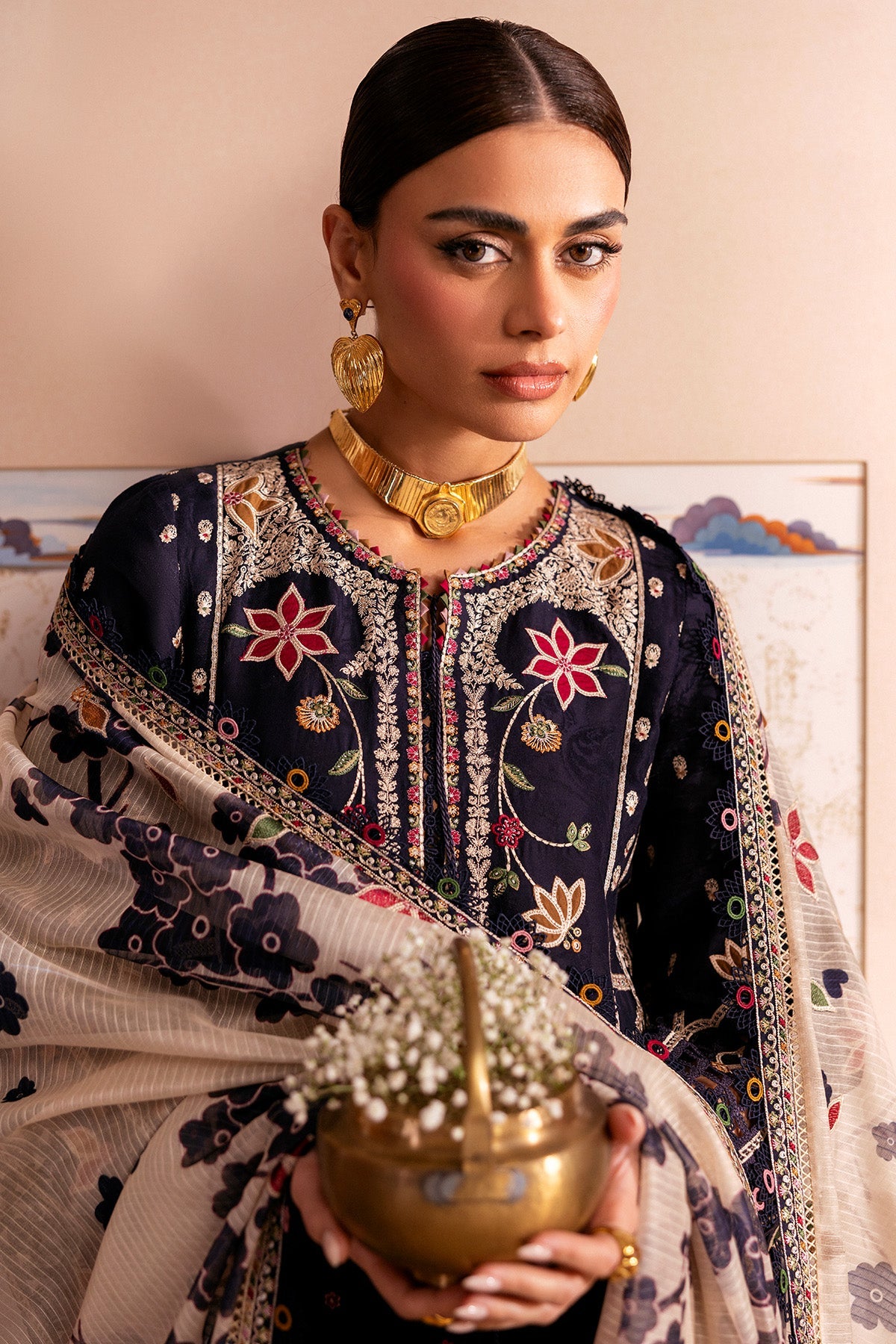 Women Wearing Embroidered Luxury Lawn SL26-D07 Blue Long Shirt for Festive Events - Pakistani Designer Wear for Women in UK | Kifat