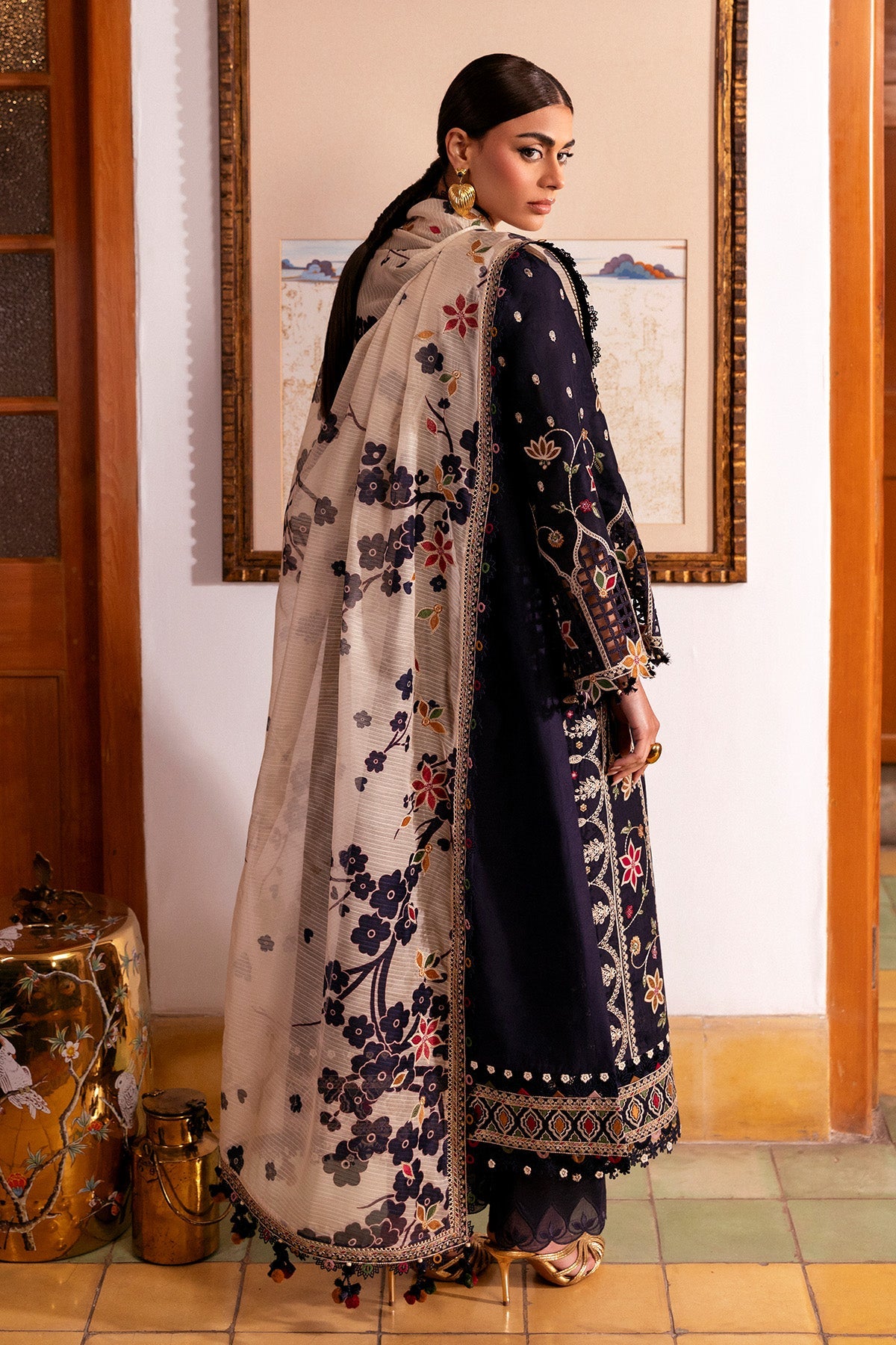Women Wearing Embroidered Luxury Lawn SL26-D07 Blue Long Shirt for Festive Events - Pakistani Designer Wear for Women in UK | Kifat