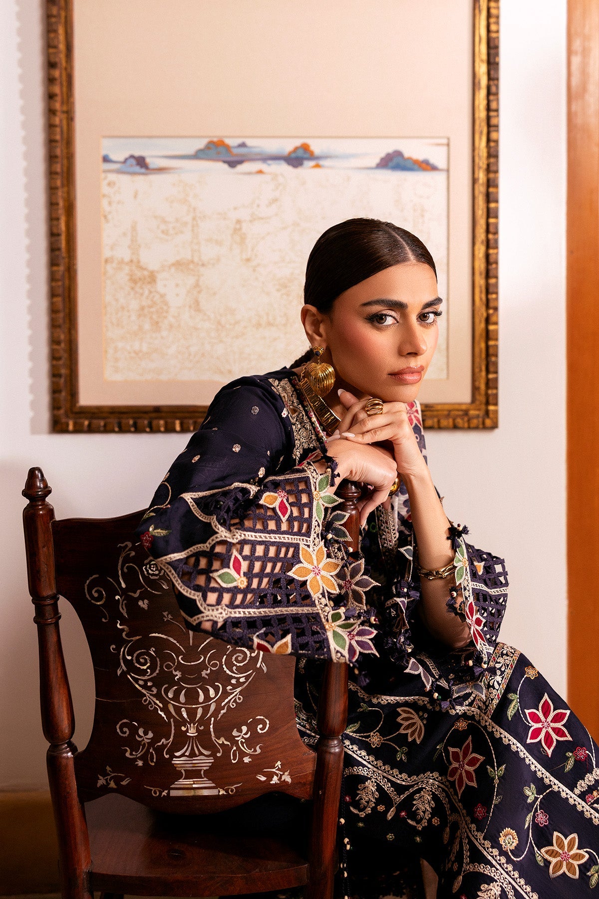 Women Wearing Embroidered Luxury Lawn SL26-D07 Blue Long Shirt for Festive Events - Pakistani Designer Wear for Women in UK | Kifat