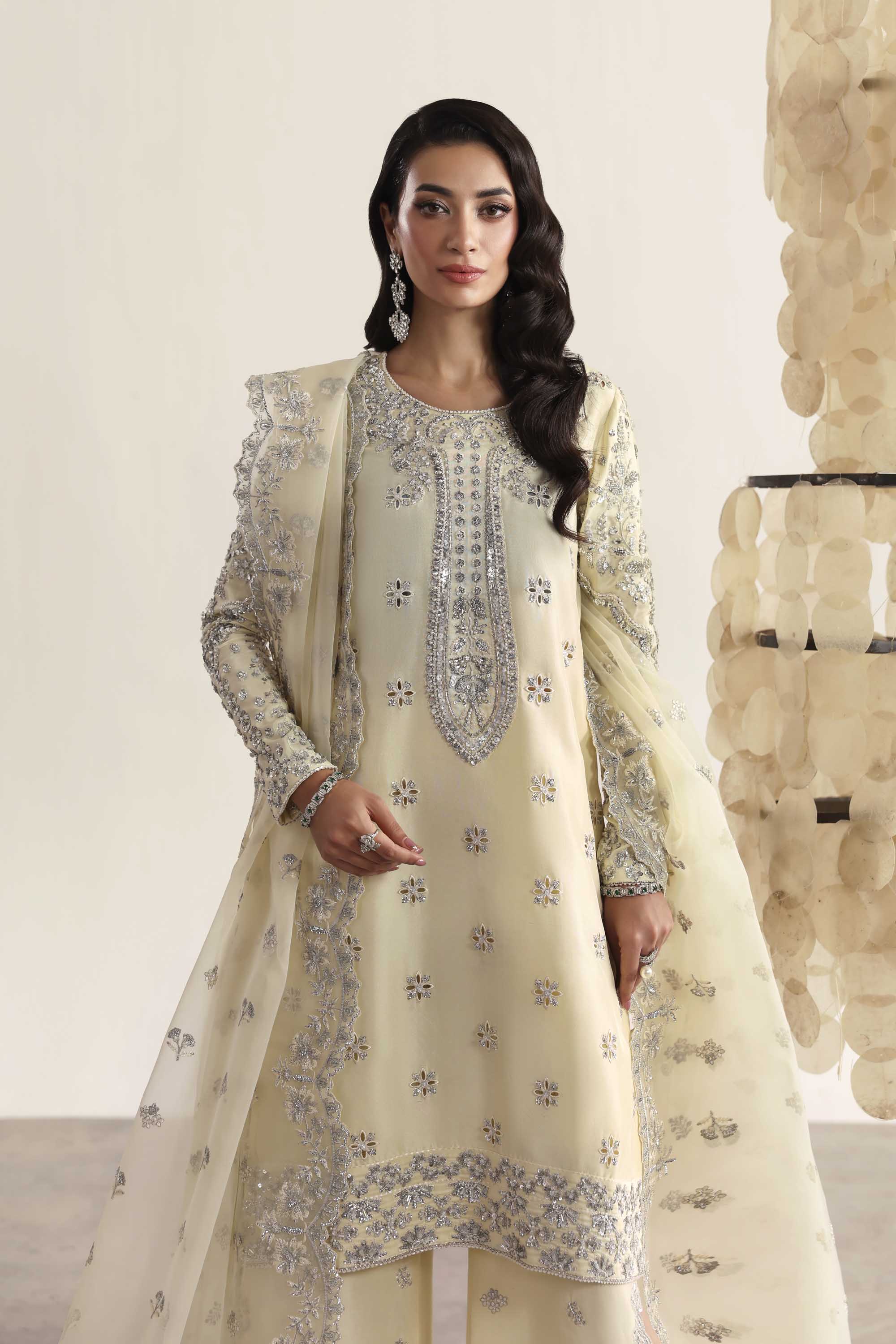 Women Wearing Wisteria Light Yellow Peshwas For Luxury Formals Events - Pakistani Designer Wear For Women In UK | Kifat