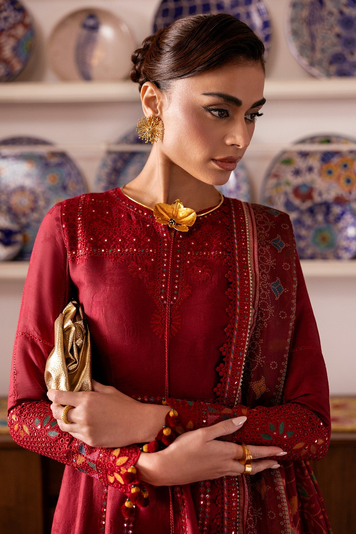 Women Wearing Embroidered Luxury Lawn SL26-D06 Rust Long Shirt for Festive Events - Pakistani Designer Wear for Women in UK | Kifat
