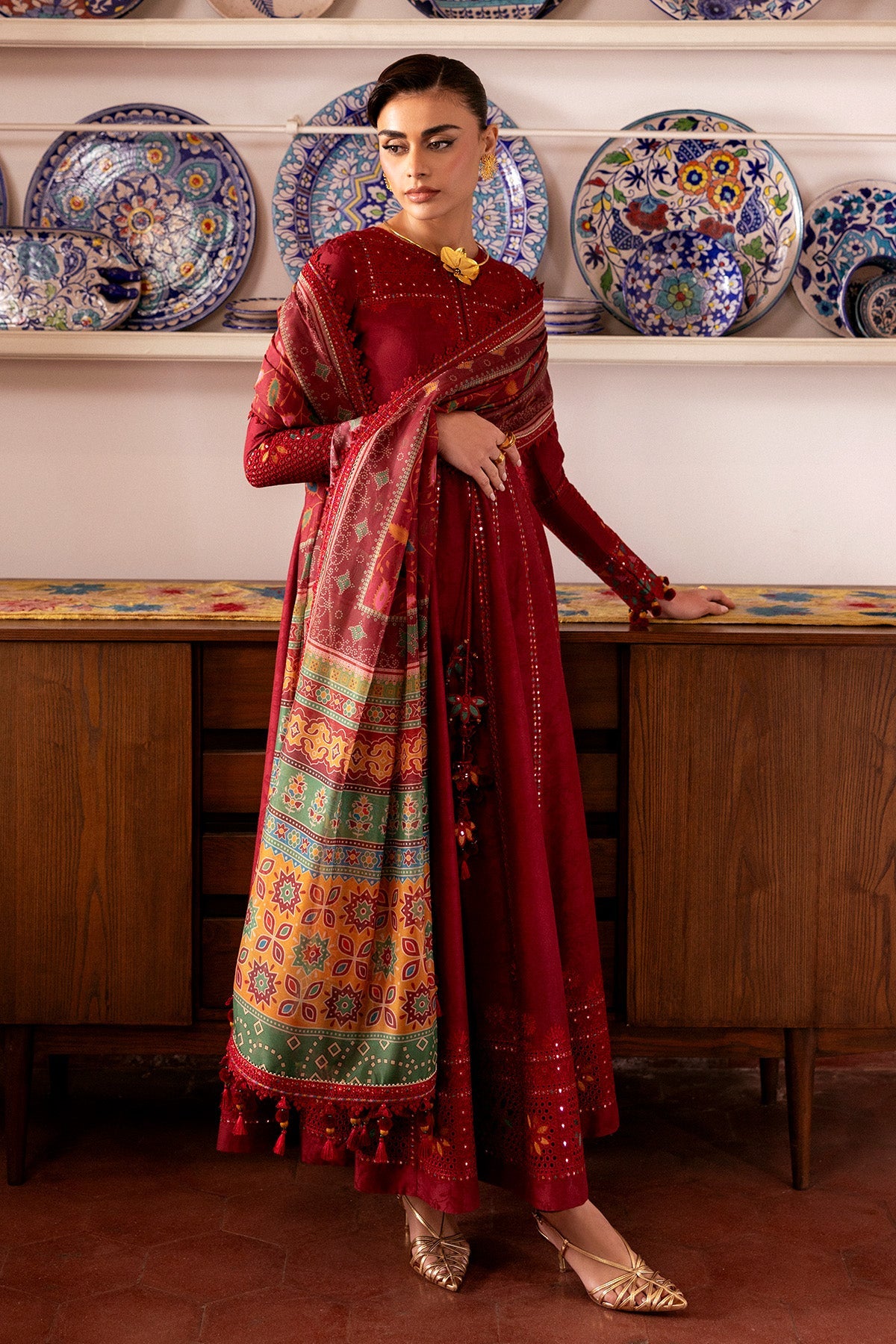 Women Wearing Embroidered Luxury Lawn SL26-D06 Rust Long Shirt for Festive Events - Pakistani Designer Wear for Women in UK | Kifat