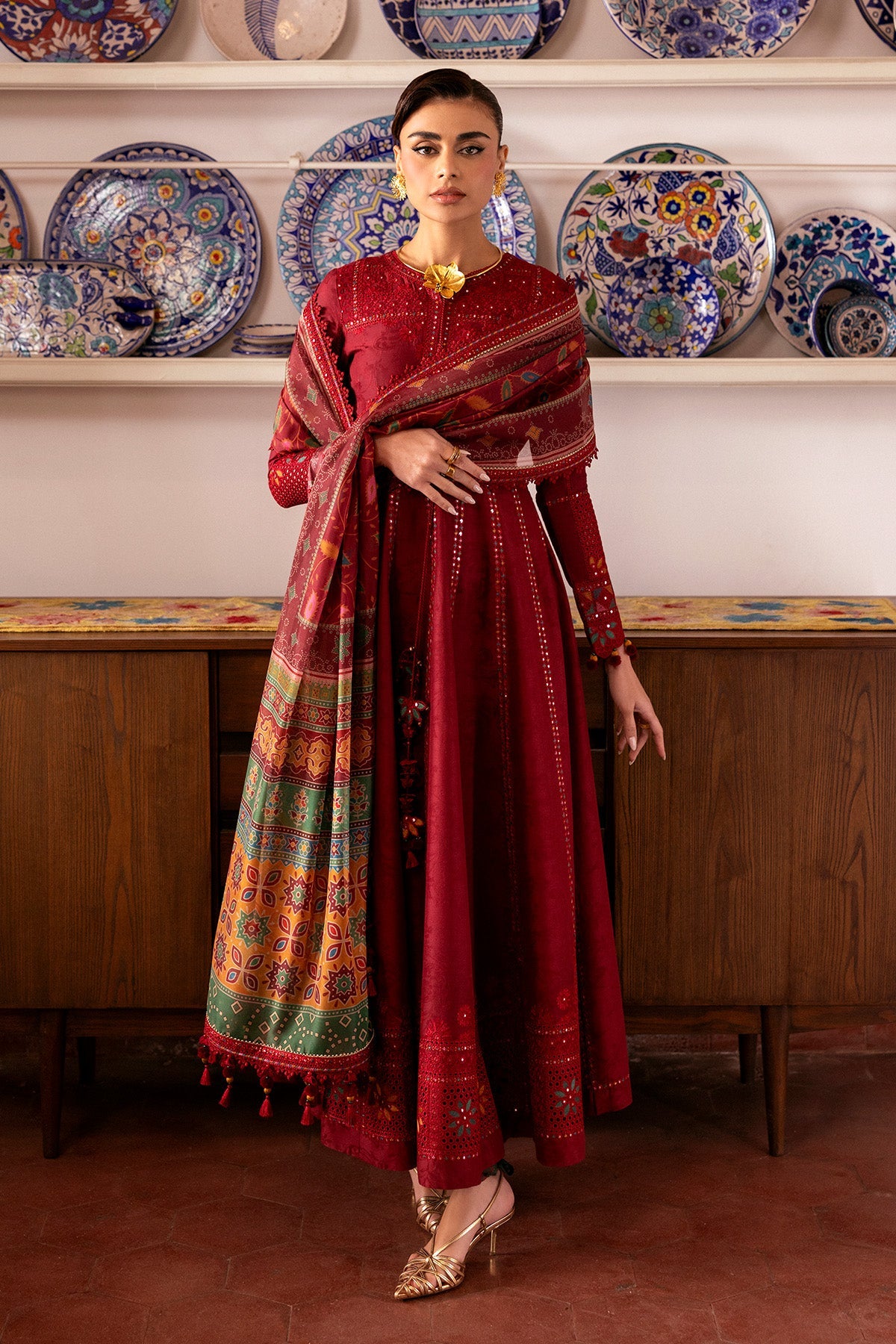 Women Wearing Embroidered Luxury Lawn SL26-D06 Rust Long Shirt for Festive Events - Pakistani Designer Wear for Women in UK | Kifat