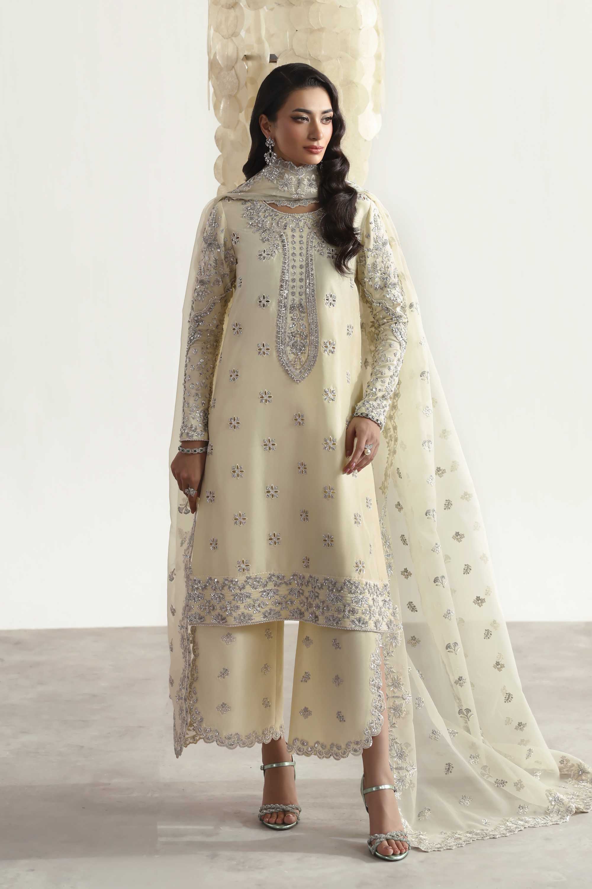 Women Wearing Wisteria Light Yellow Peshwas For Luxury Formals Events - Pakistani Designer Wear For Women In UK | Kifat