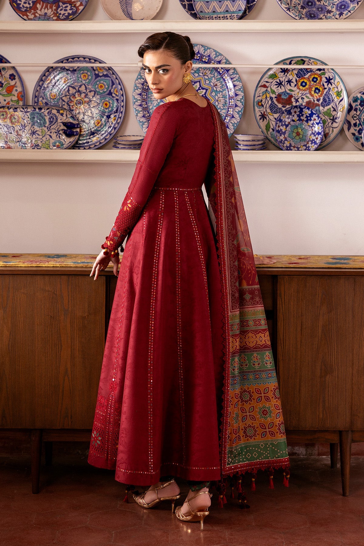 Women Wearing Embroidered Luxury Lawn SL26-D06 Rust Long Shirt for Festive Events - Pakistani Designer Wear for Women in UK | Kifat