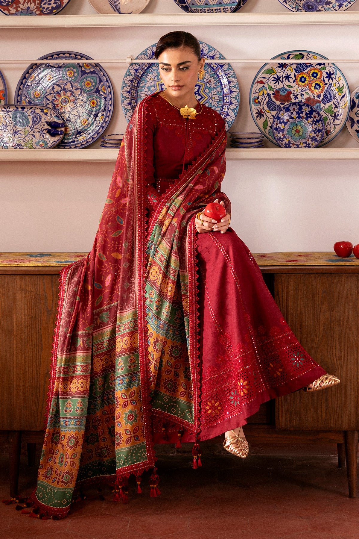 Women Wearing Embroidered Luxury Lawn SL26-D06 Rust Long Shirt for Festive Events - Pakistani Designer Wear for Women in UK | Kifat