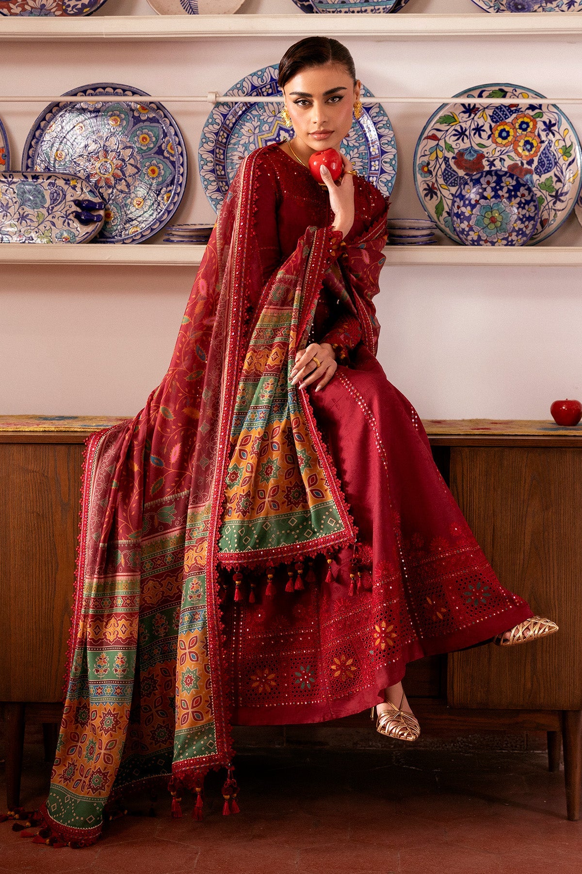 Women Wearing Embroidered Luxury Lawn SL26-D06 Rust Long Shirt for Festive Events - Pakistani Designer Wear for Women in UK | Kifat