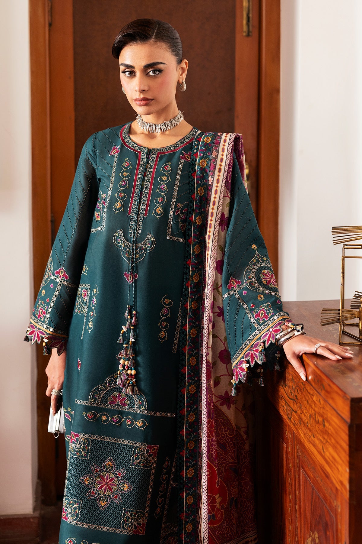 Women Wearing Embroidered Luxury Lawn SL26-D10 Green Long Shirt for Festive Events - Pakistani Designer Wear for Women in UK | Kifat