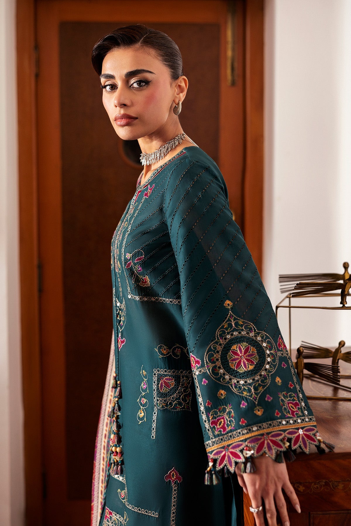 Women Wearing Embroidered Luxury Lawn SL26-D10 Green Long Shirt for Festive Events - Pakistani Designer Wear for Women in UK | Kifat