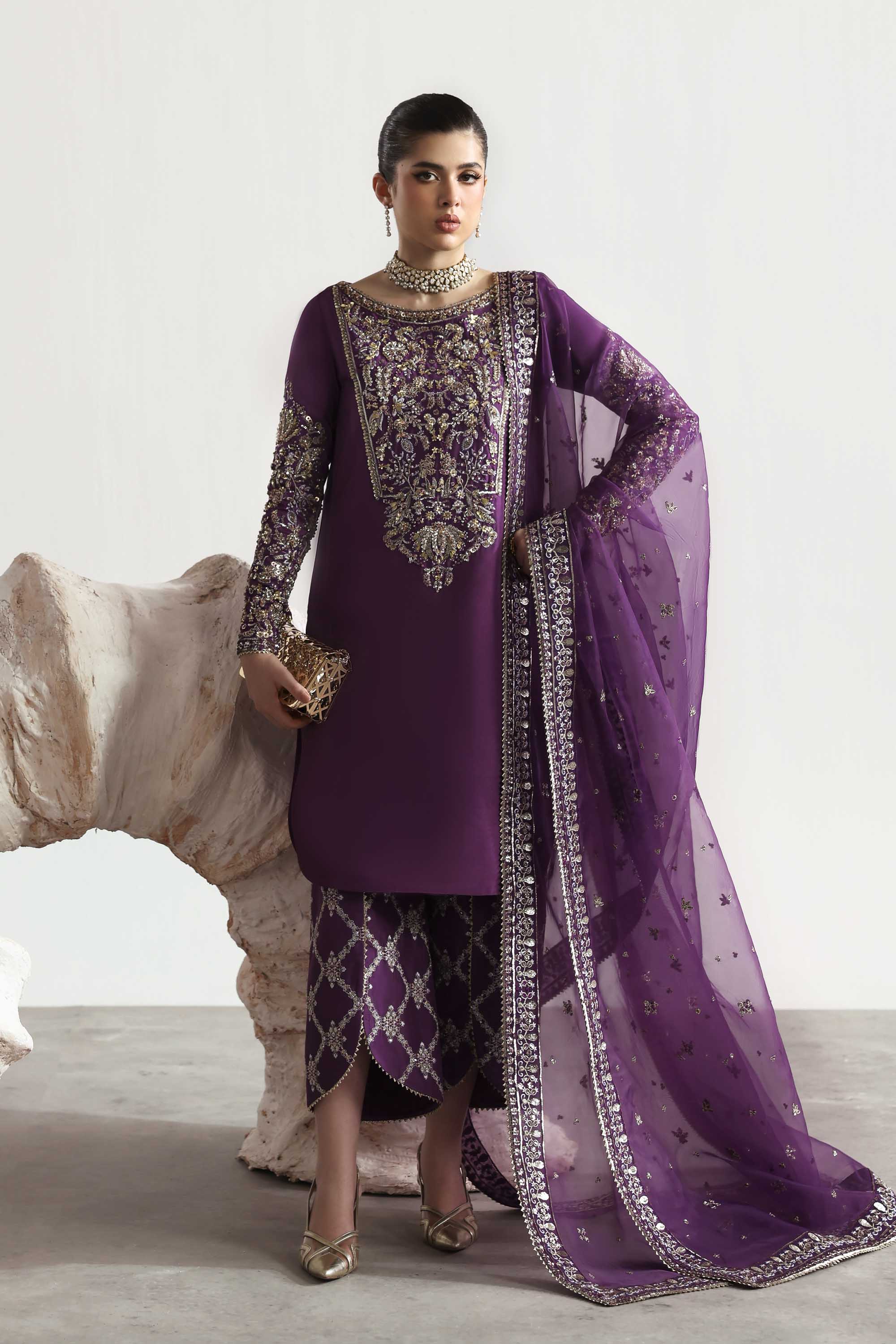 Women Wearing Lapis Purple Long Shirt For Luxury Formals Events - Pakistani Designer Wear For Women In UK | Kifat
