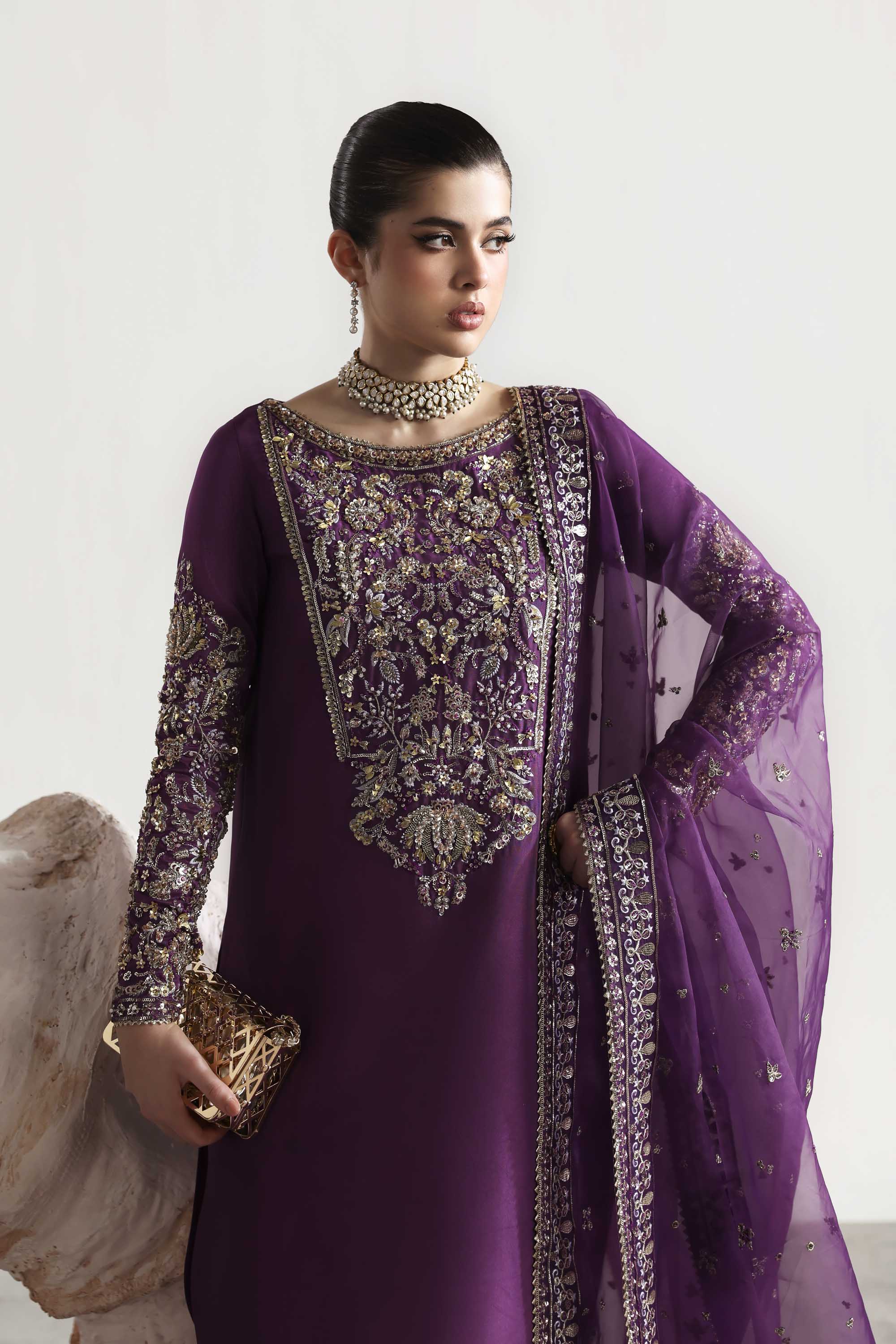 Women Wearing Lapis Purple Long Shirt For Luxury Formals Events - Pakistani Designer Wear For Women In UK | Kifat