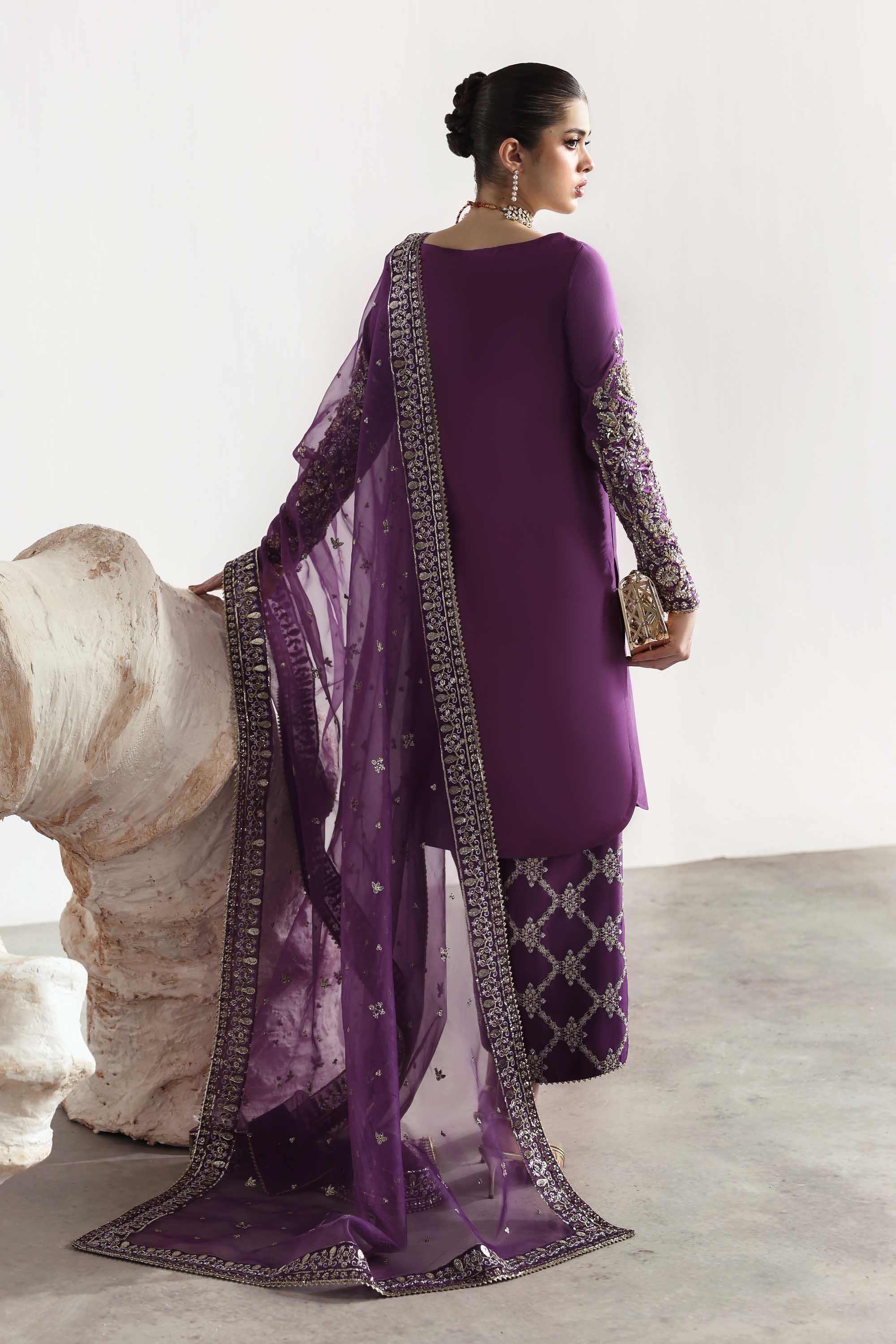 Women Wearing Lapis Purple Long Shirt For Luxury Formals Events - Pakistani Designer Wear For Women In UK | Kifat