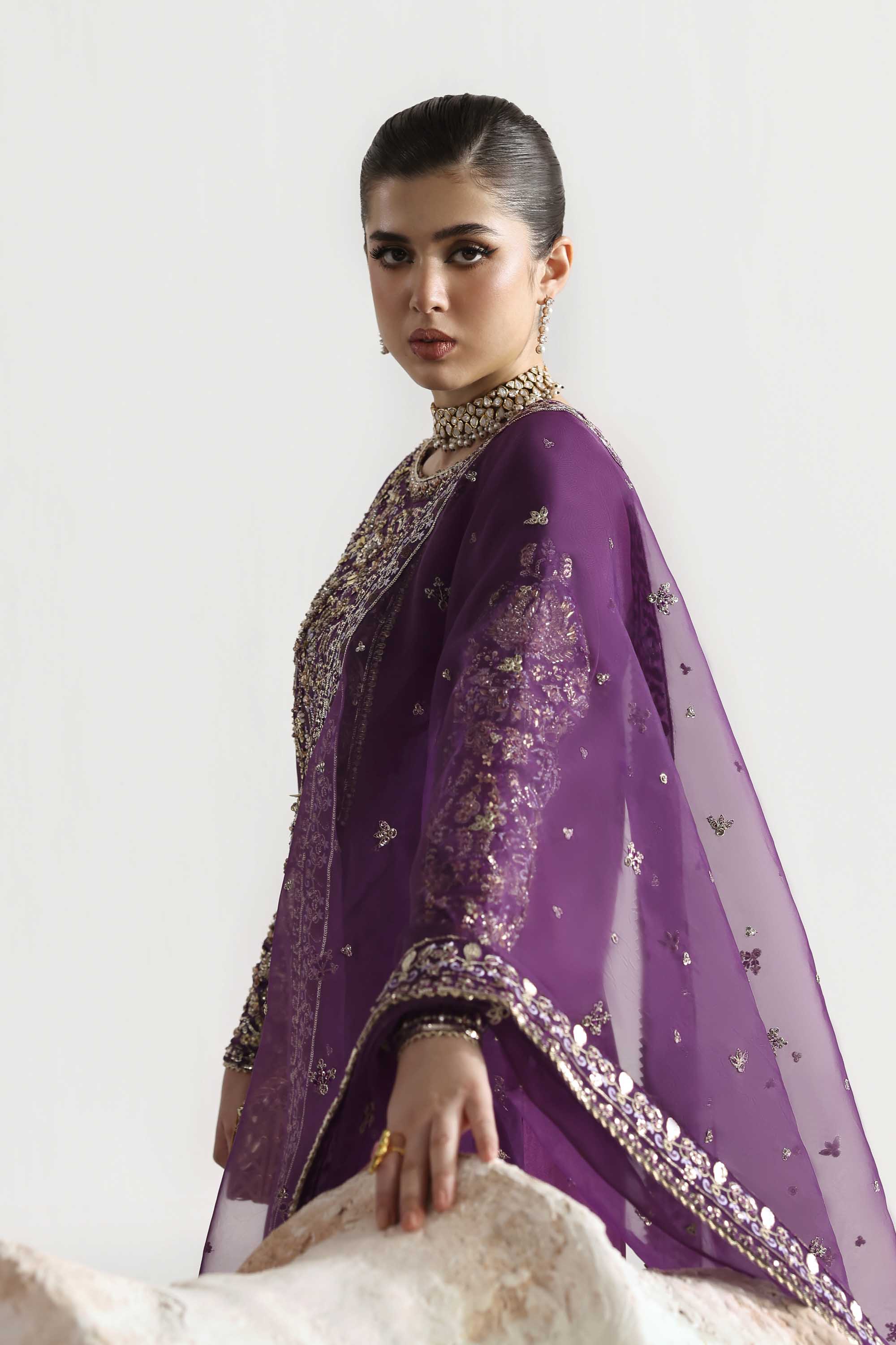 Women Wearing Lapis Purple Long Shirt For Luxury Formals Events - Pakistani Designer Wear For Women In UK | Kifat