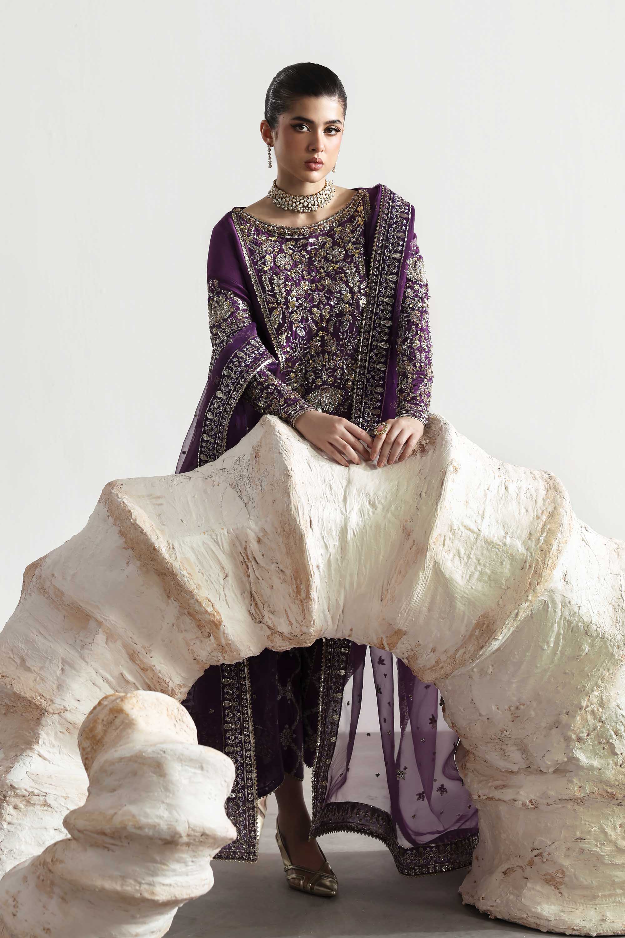 Women Wearing Lapis Purple Long Shirt For Luxury Formals Events - Pakistani Designer Wear For Women In UK | Kifat