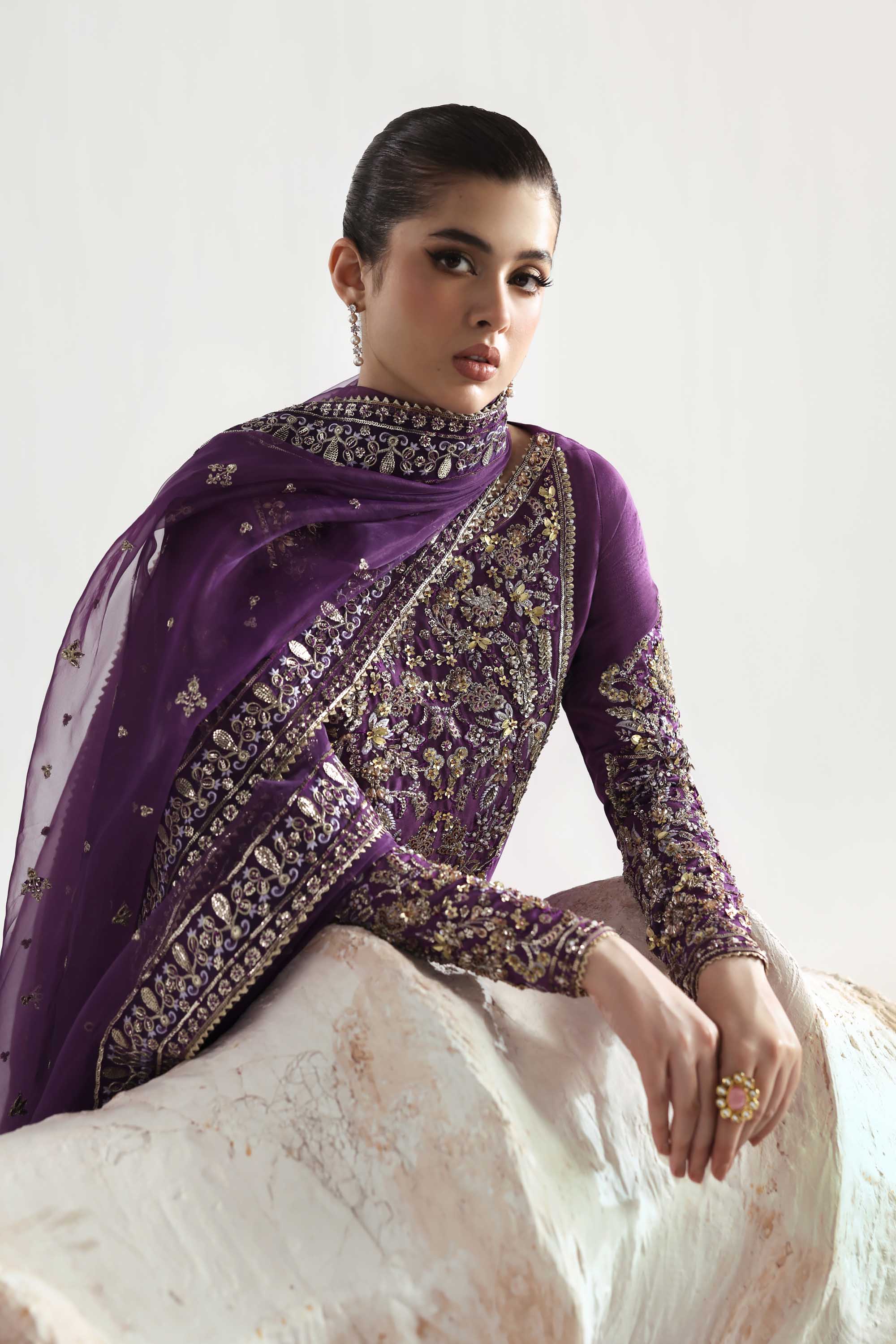 Women Wearing Lapis Purple Long Shirt For Luxury Formals Events - Pakistani Designer Wear For Women In UK | Kifat