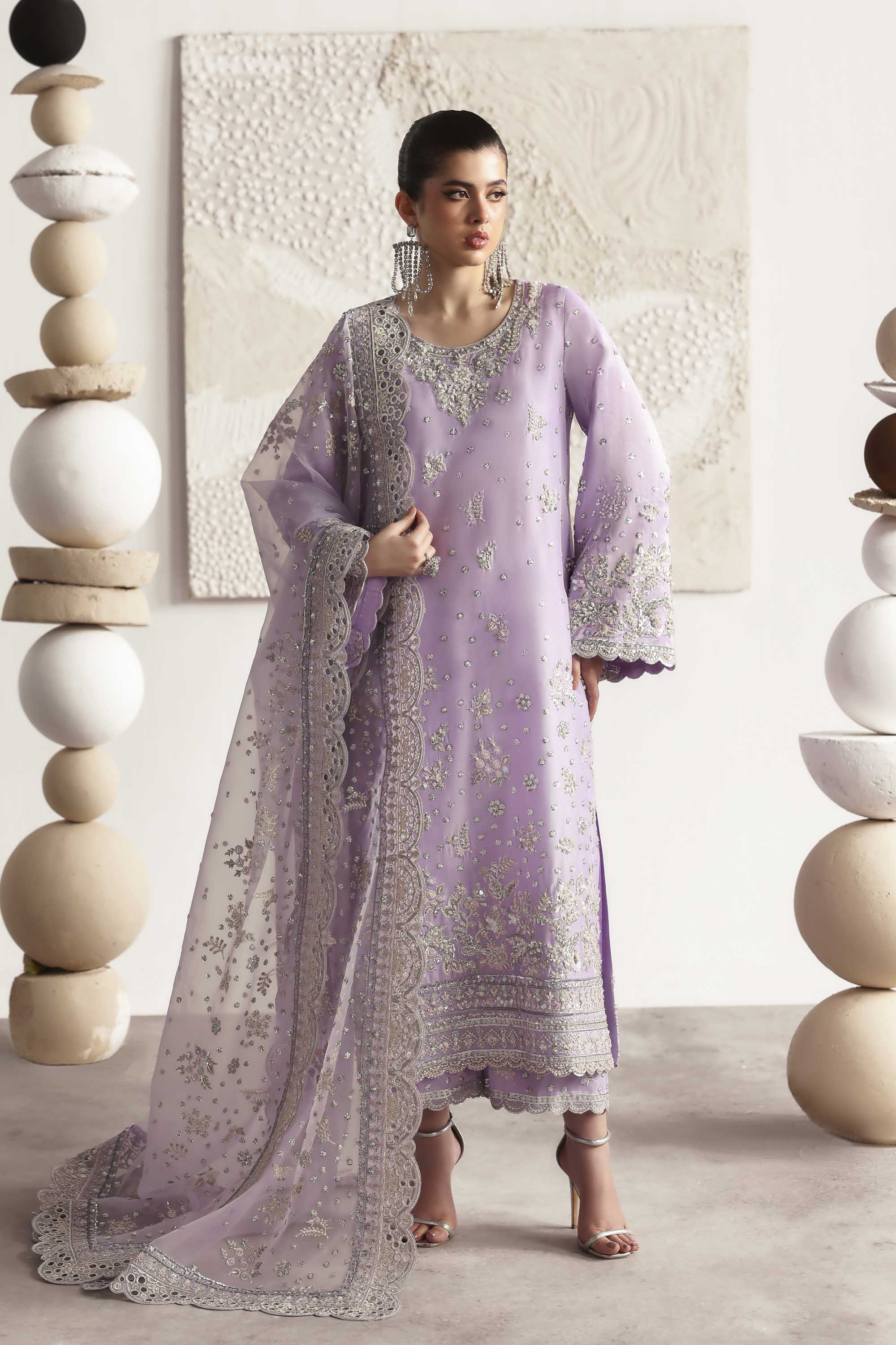 Women Wearing Champagne Lilac Long Shirt For Luxury Formals Events - Pakistani Designer Wear For Women In UK | Kifat