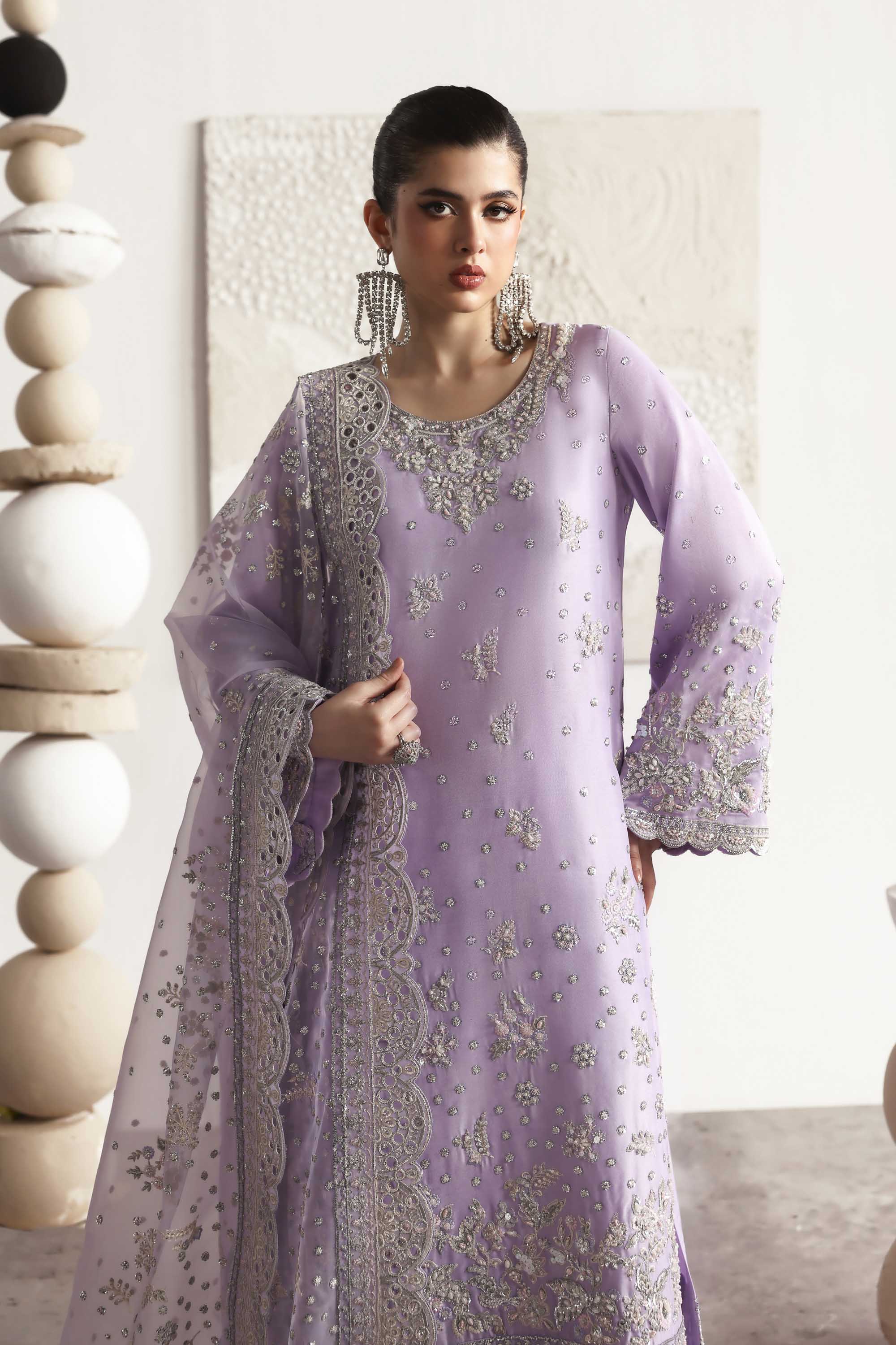 Women Wearing Champagne Lilac Long Shirt For Luxury Formals Events - Pakistani Designer Wear For Women In UK | Kifat