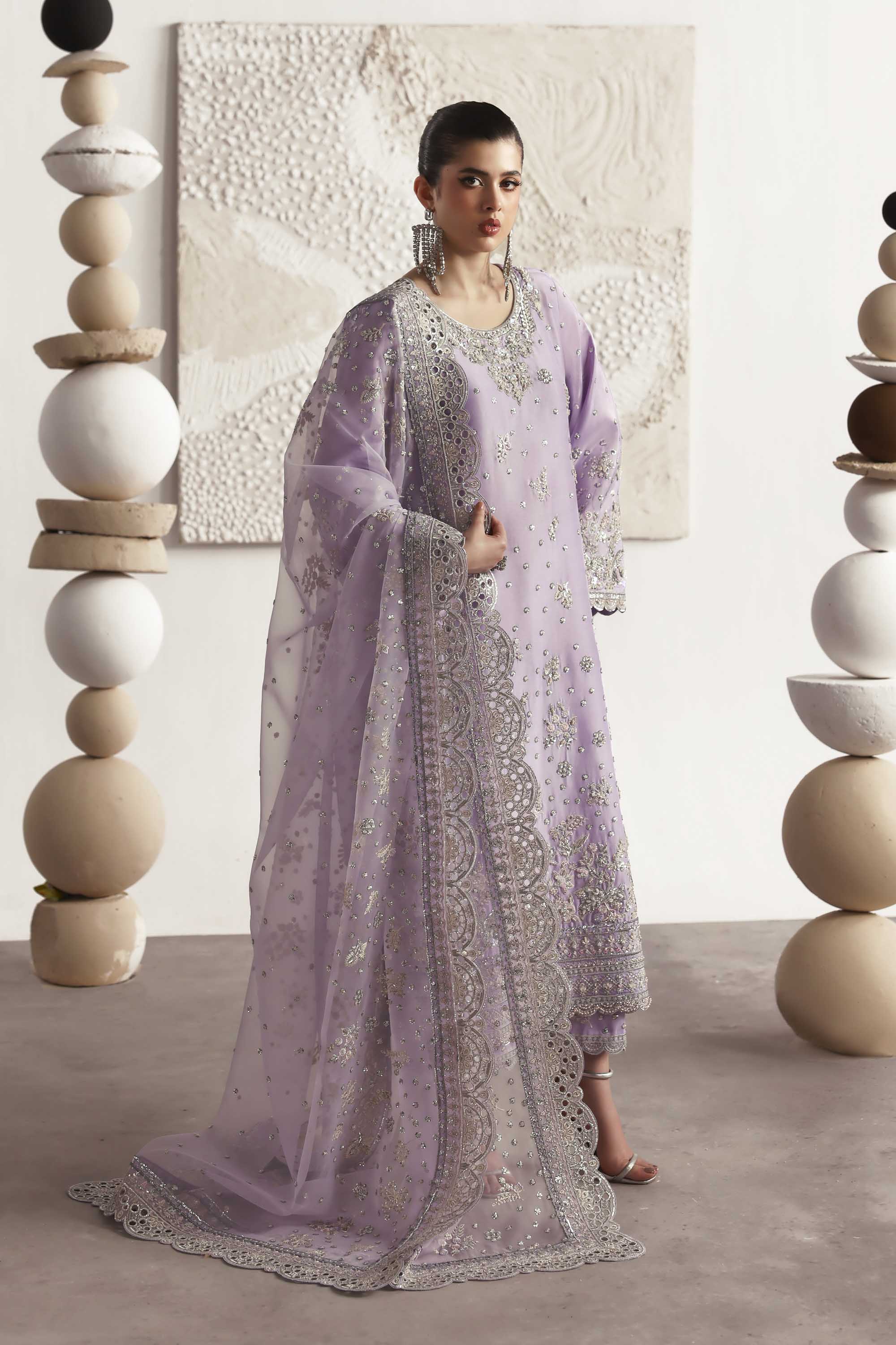 Women Wearing Champagne Lilac Long Shirt For Luxury Formals Events - Pakistani Designer Wear For Women In UK | Kifat