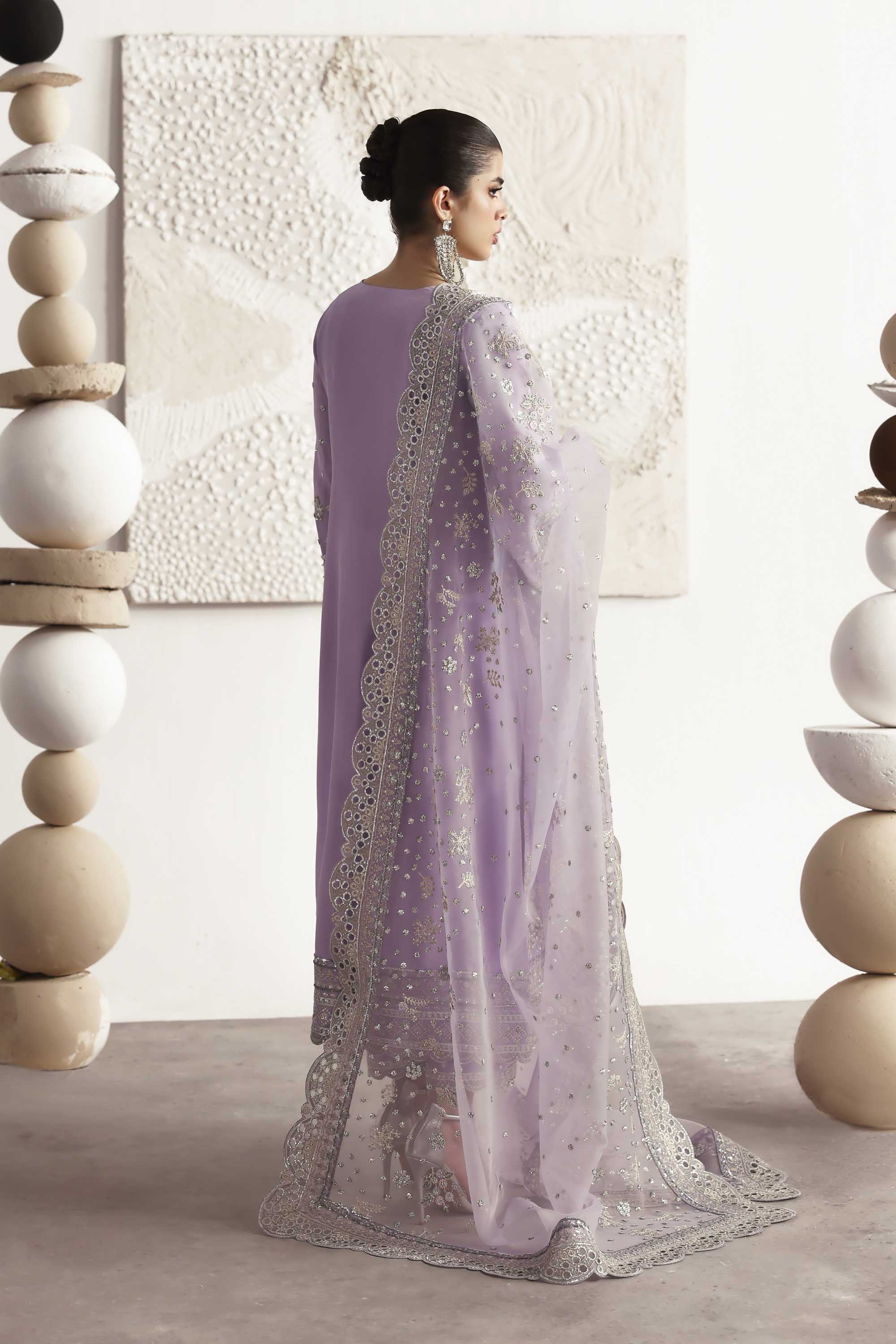Women Wearing Champagne Lilac Long Shirt For Luxury Formals Events - Pakistani Designer Wear For Women In UK | Kifat