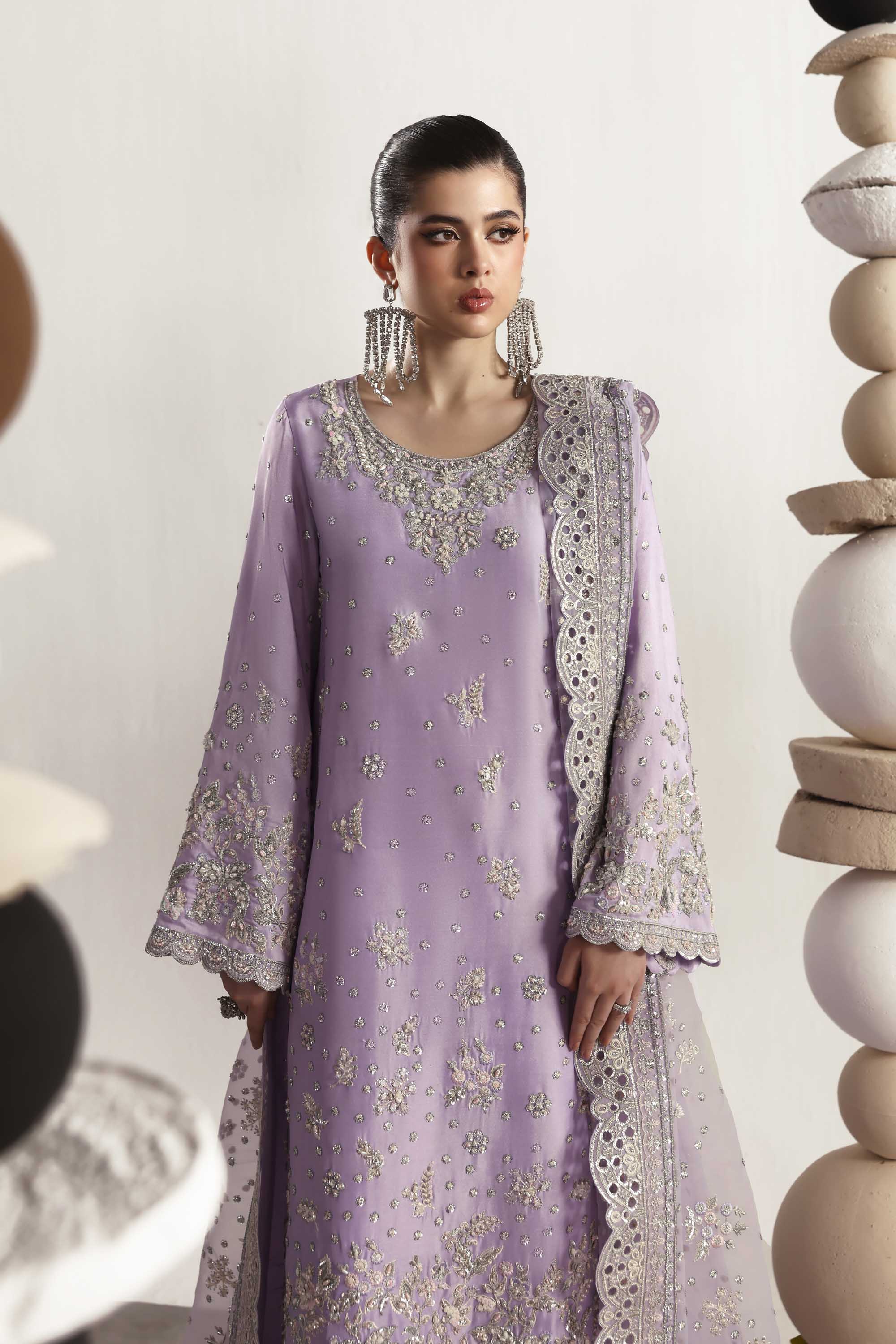 Women Wearing Champagne Lilac Long Shirt For Luxury Formals Events - Pakistani Designer Wear For Women In UK | Kifat