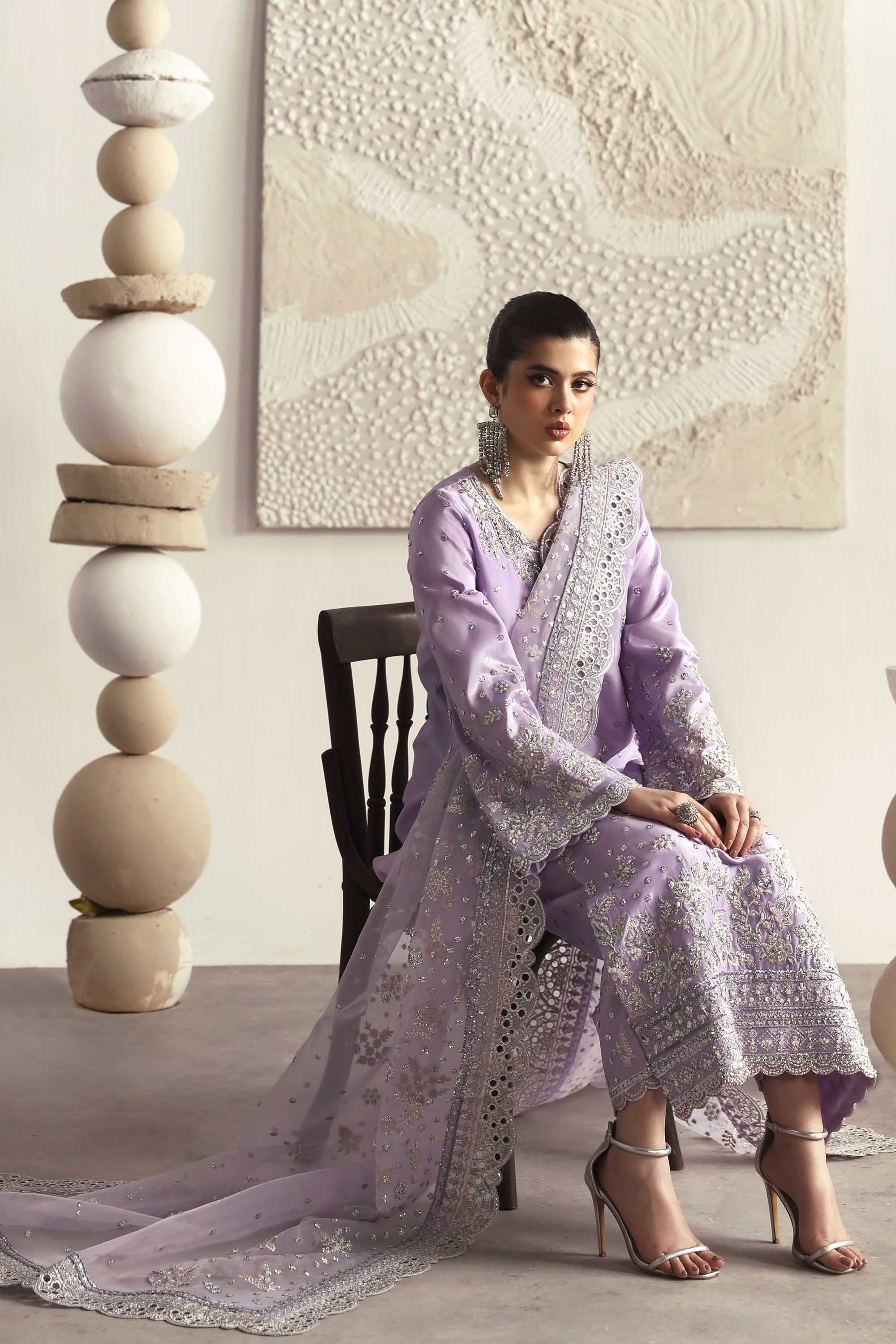 Women Wearing Champagne Lilac Long Shirt For Luxury Formals Events - Pakistani Designer Wear For Women In UK | Kifat