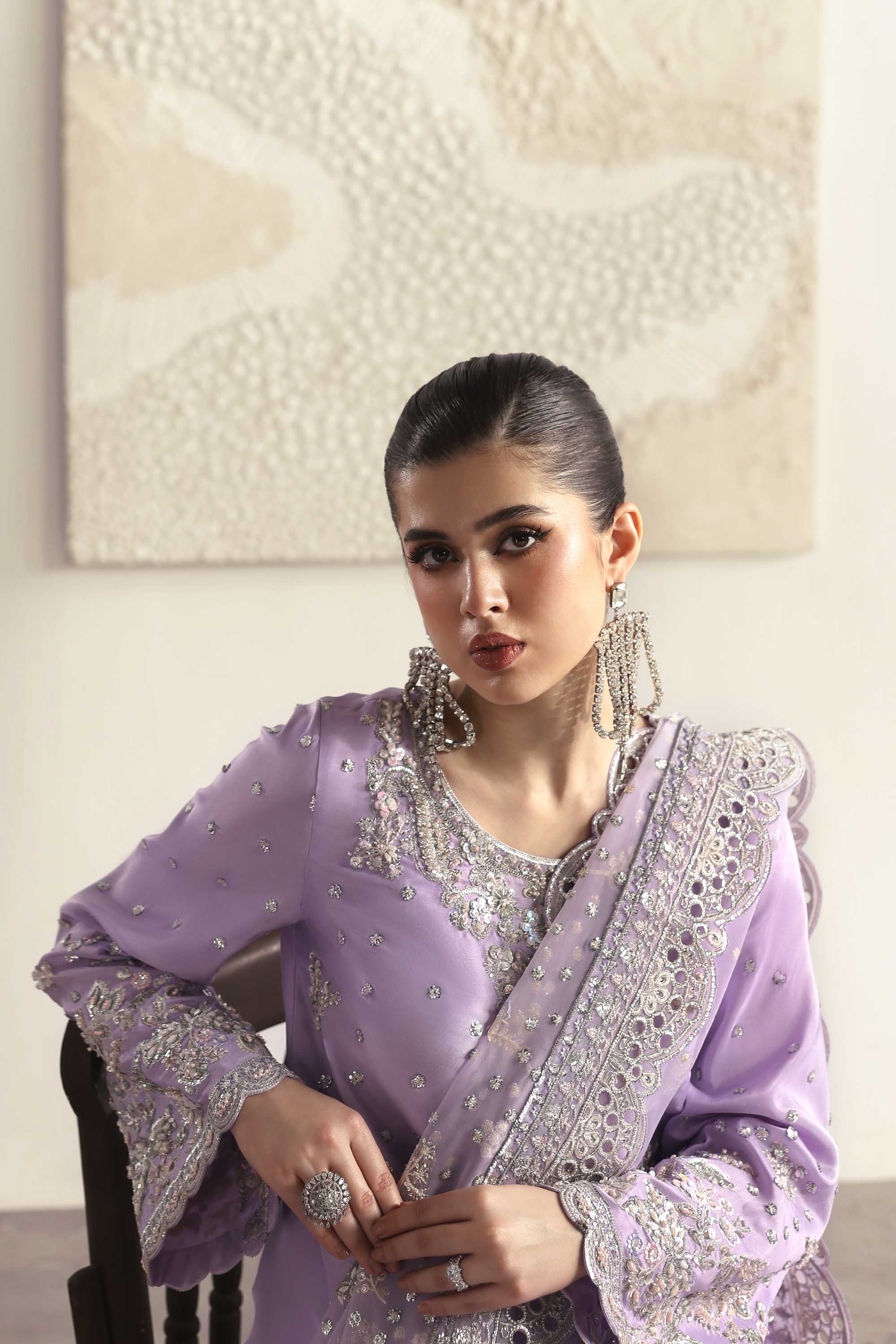 Women Wearing Champagne Lilac Long Shirt For Luxury Formals Events - Pakistani Designer Wear For Women In UK | Kifat