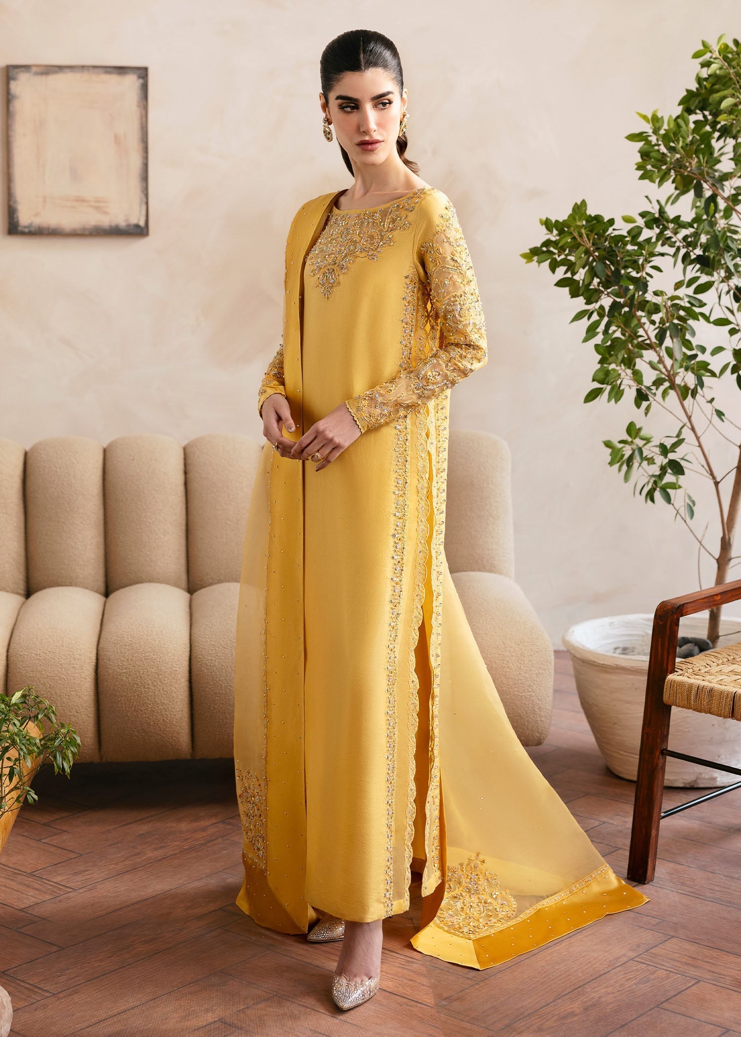 Kanwal Malik Yellow shirt with cigarette pants for Luxury Wedding wear - Pakistani Designer Wear for Women in UK | Kifat