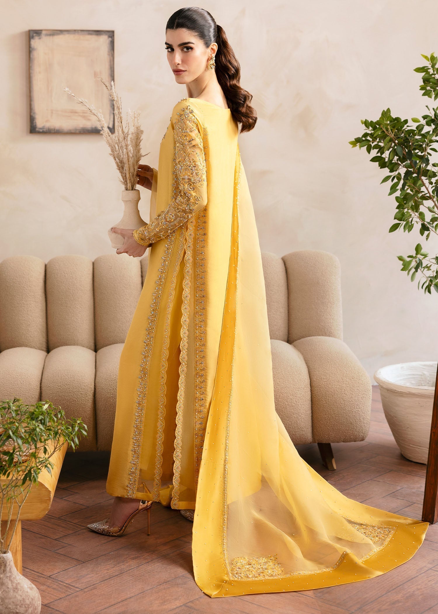 Kanwal Malik Yellow shirt with cigarette pants for Luxury Wedding wear - Pakistani Designer Wear for Women in UK | Kifat