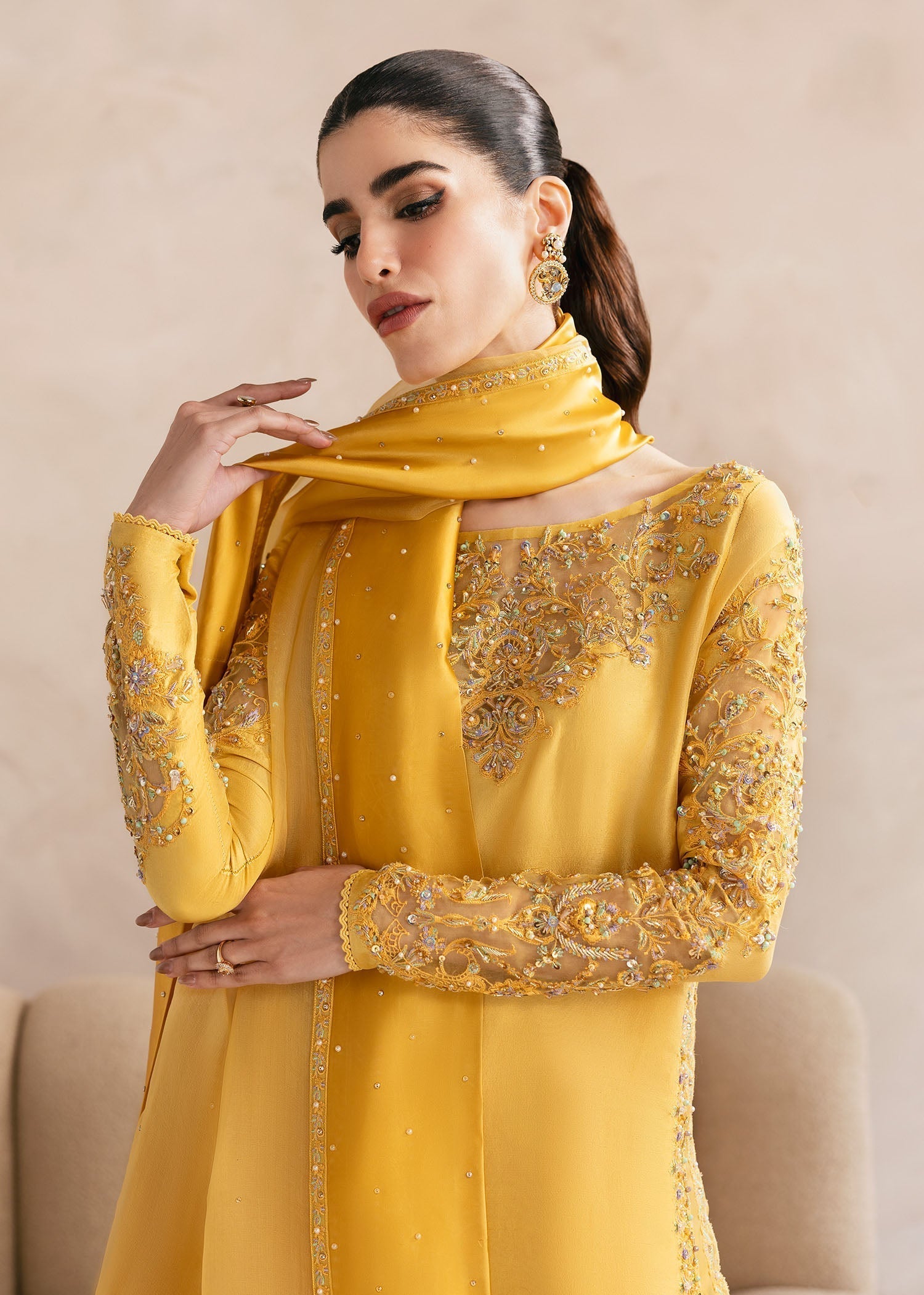 Kanwal Malik Yellow shirt with cigarette pants for Luxury Wedding wear - Pakistani Designer Wear for Women in UK | Kifat