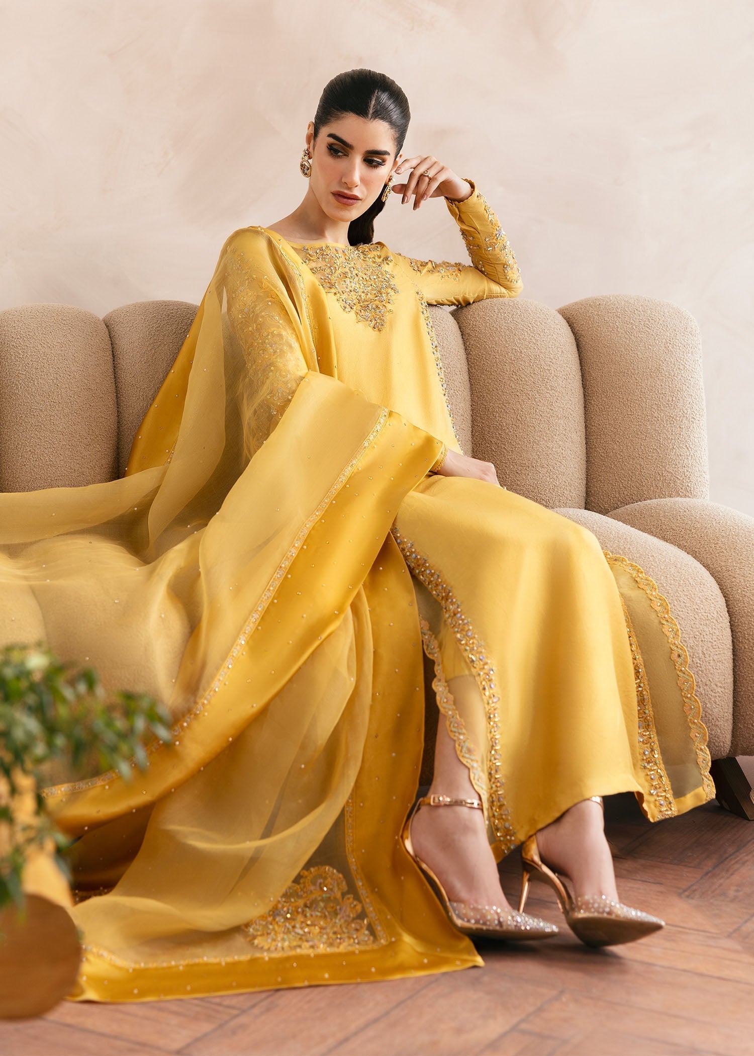 Kanwal Malik Yellow shirt with cigarette pants for Luxury Wedding wear - Pakistani Designer Wear for Women in UK | Kifat