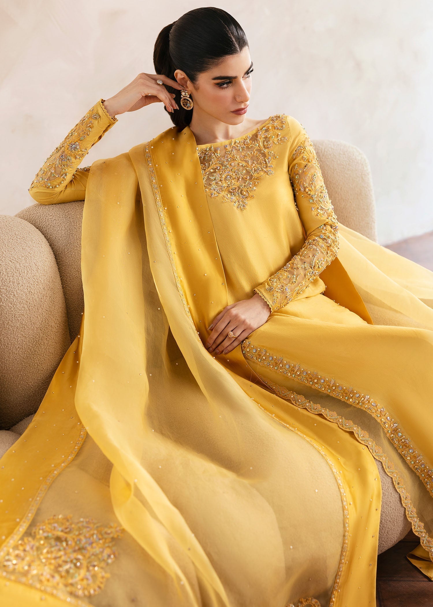 Kanwal Malik Yellow shirt with cigarette pants for Luxury Wedding wear - Pakistani Designer Wear for Women in UK | Kifat
