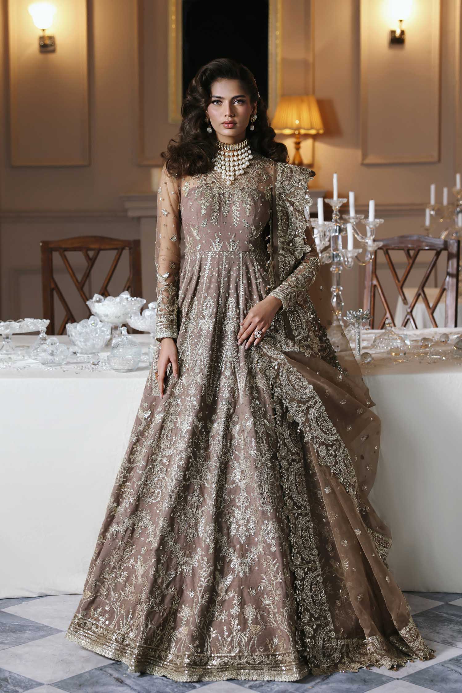 Women Wearing Noorzaib Champagne Peshwas For Formals Events - Pakistani Designer Wear For Women In UK | Kifat