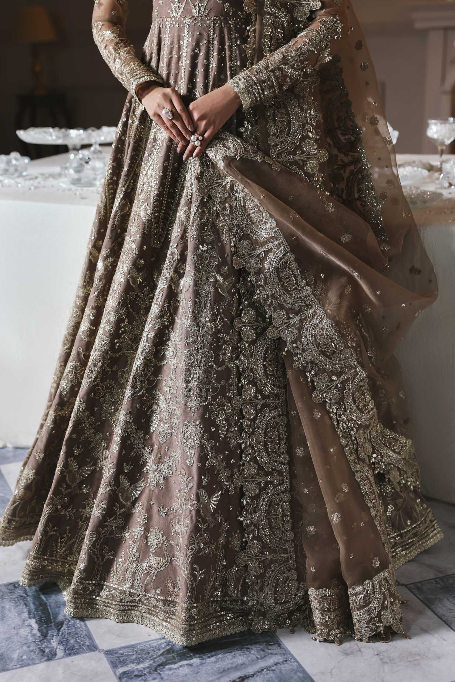 Women Wearing Noorzaib Champagne Peshwas For Formals Events - Pakistani Designer Wear For Women In UK | Kifat