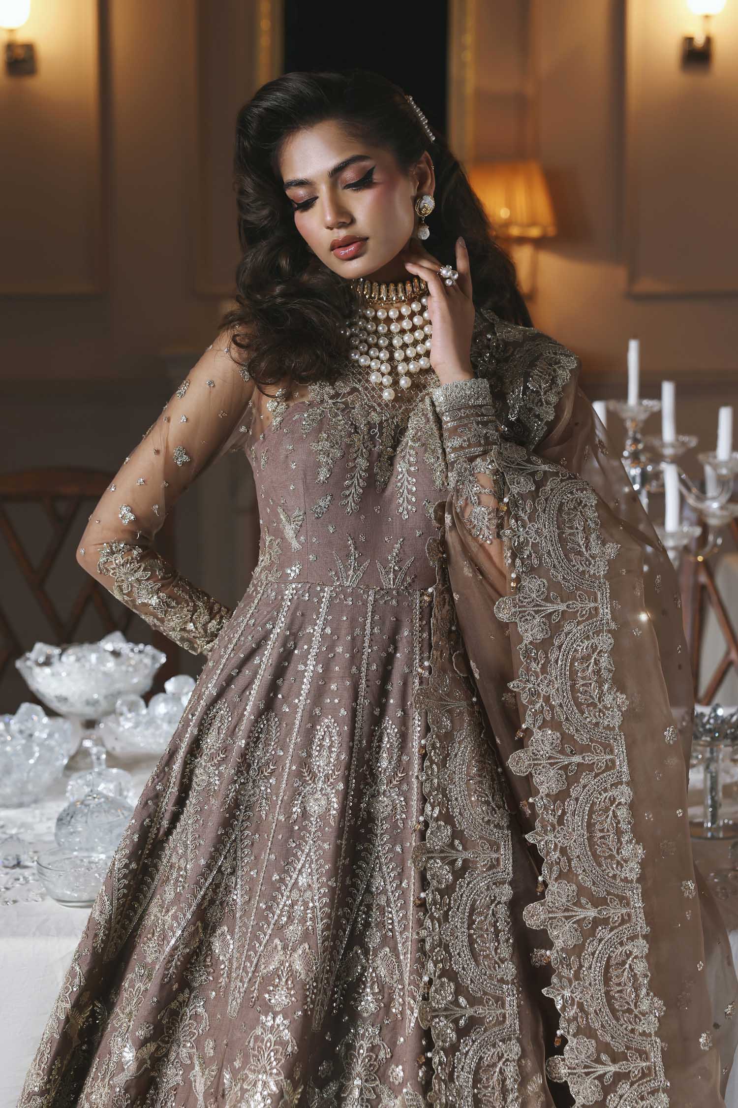 Women Wearing Noorzaib Champagne Peshwas For Formals Events - Pakistani Designer Wear For Women In UK | Kifat