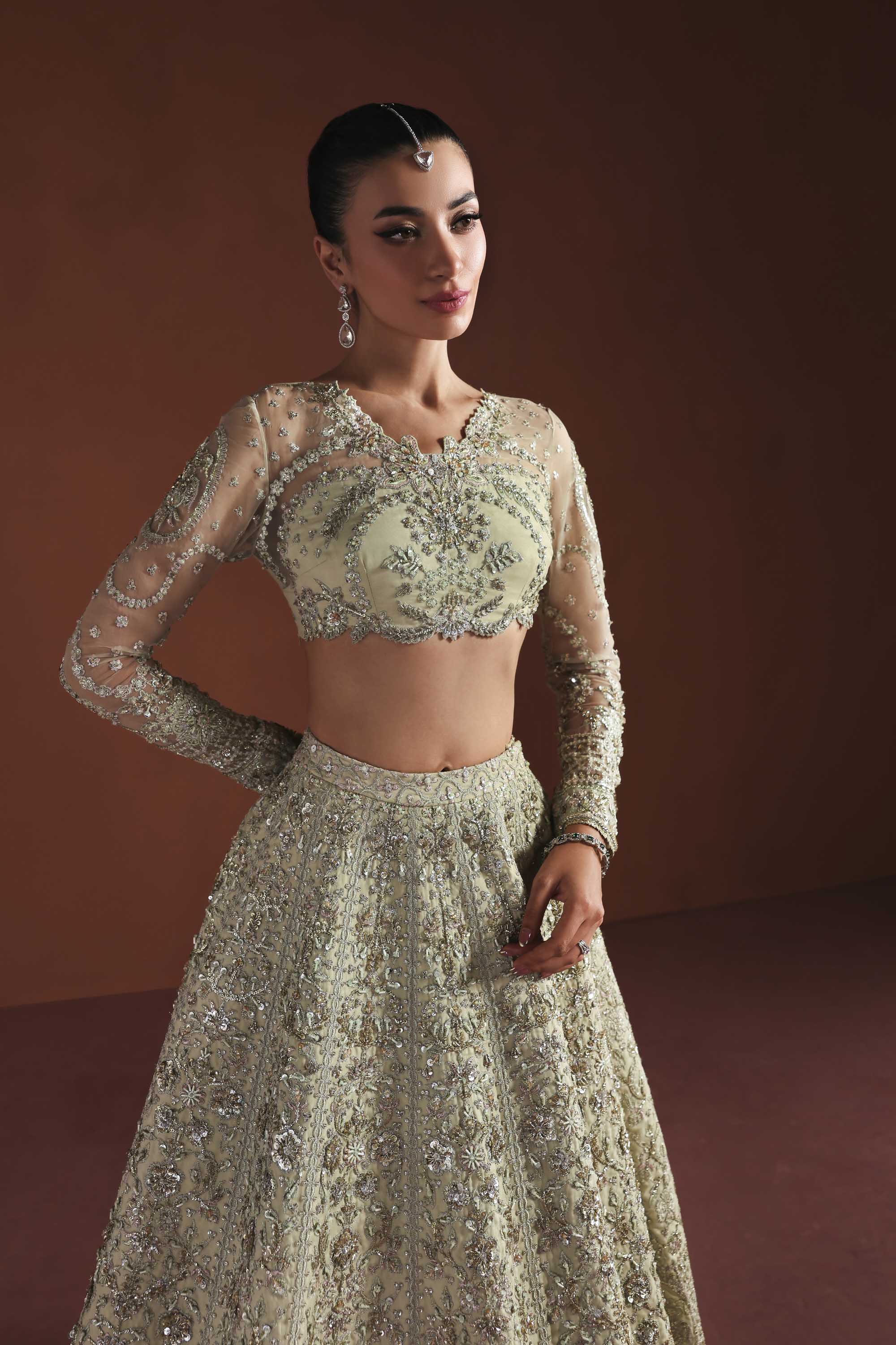 Women Wearing Fable Peach Mint Lehenga Choli For Luxury Formals Events - Pakistani Designer Wear For Women In UK | Kifat