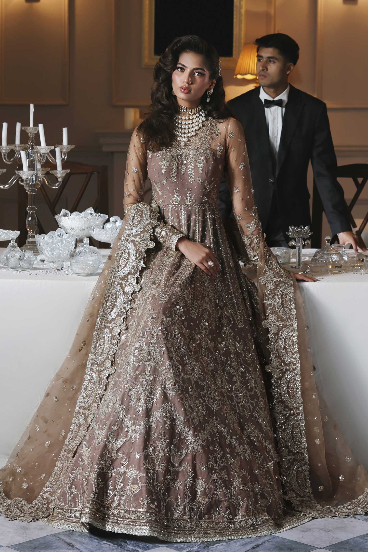 Women Wearing Noorzaib Champagne Peshwas For Formals Events - Pakistani Designer Wear For Women In UK | Kifat