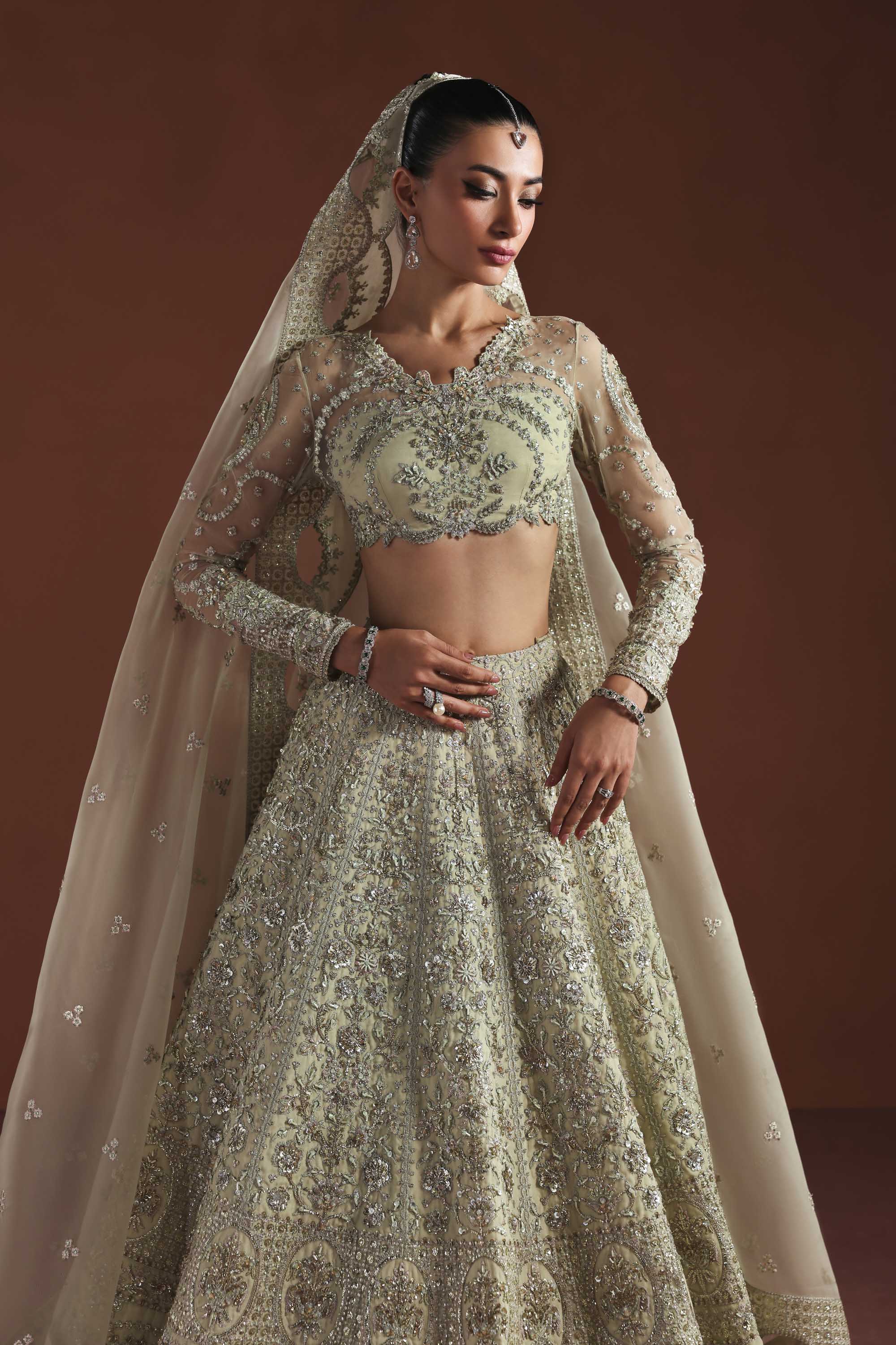 Women Wearing Fable Peach Mint Lehenga Choli For Luxury Formals Events - Pakistani Designer Wear For Women In UK | Kifat